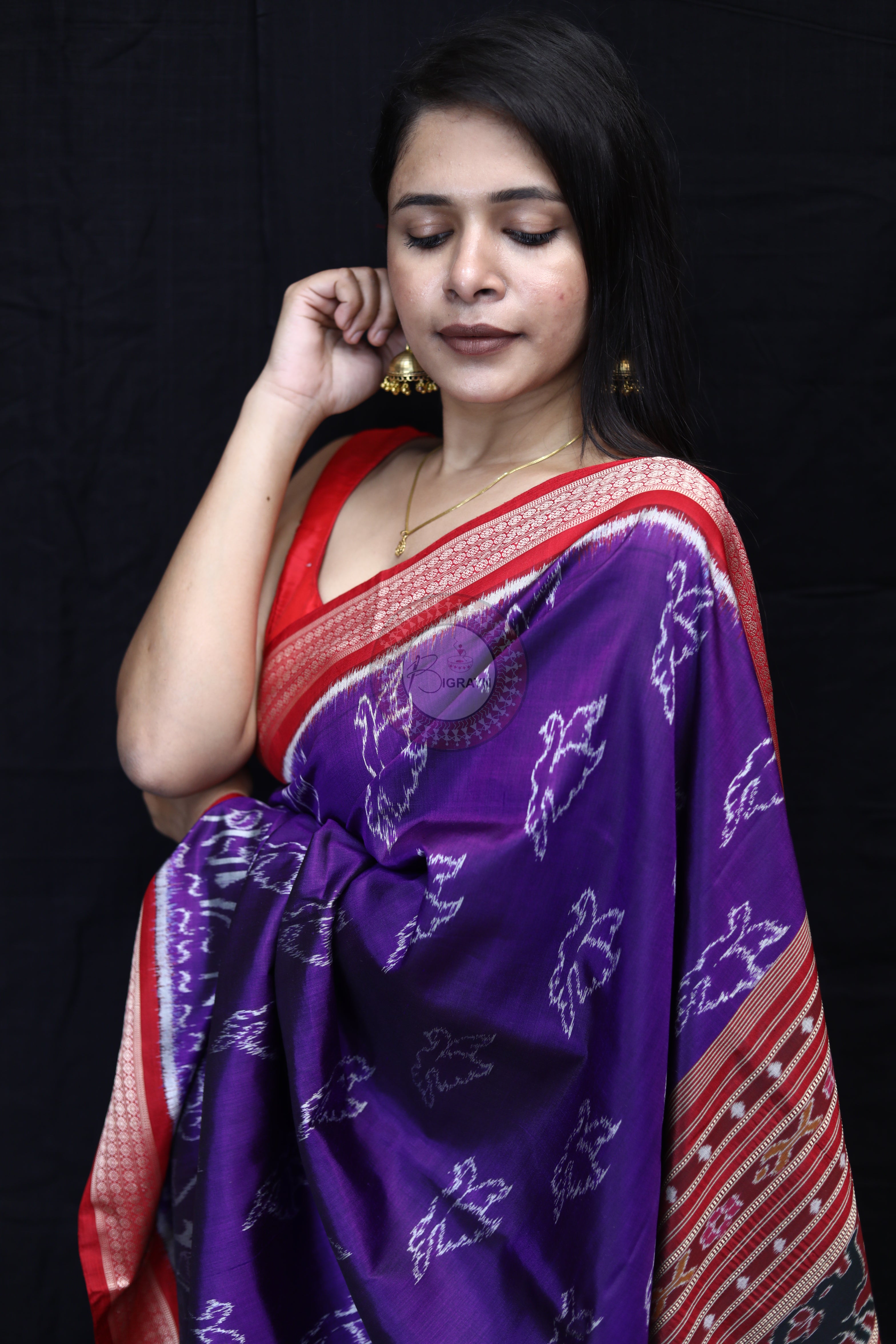 Purple Red Birds Mulberry Silk Saree
