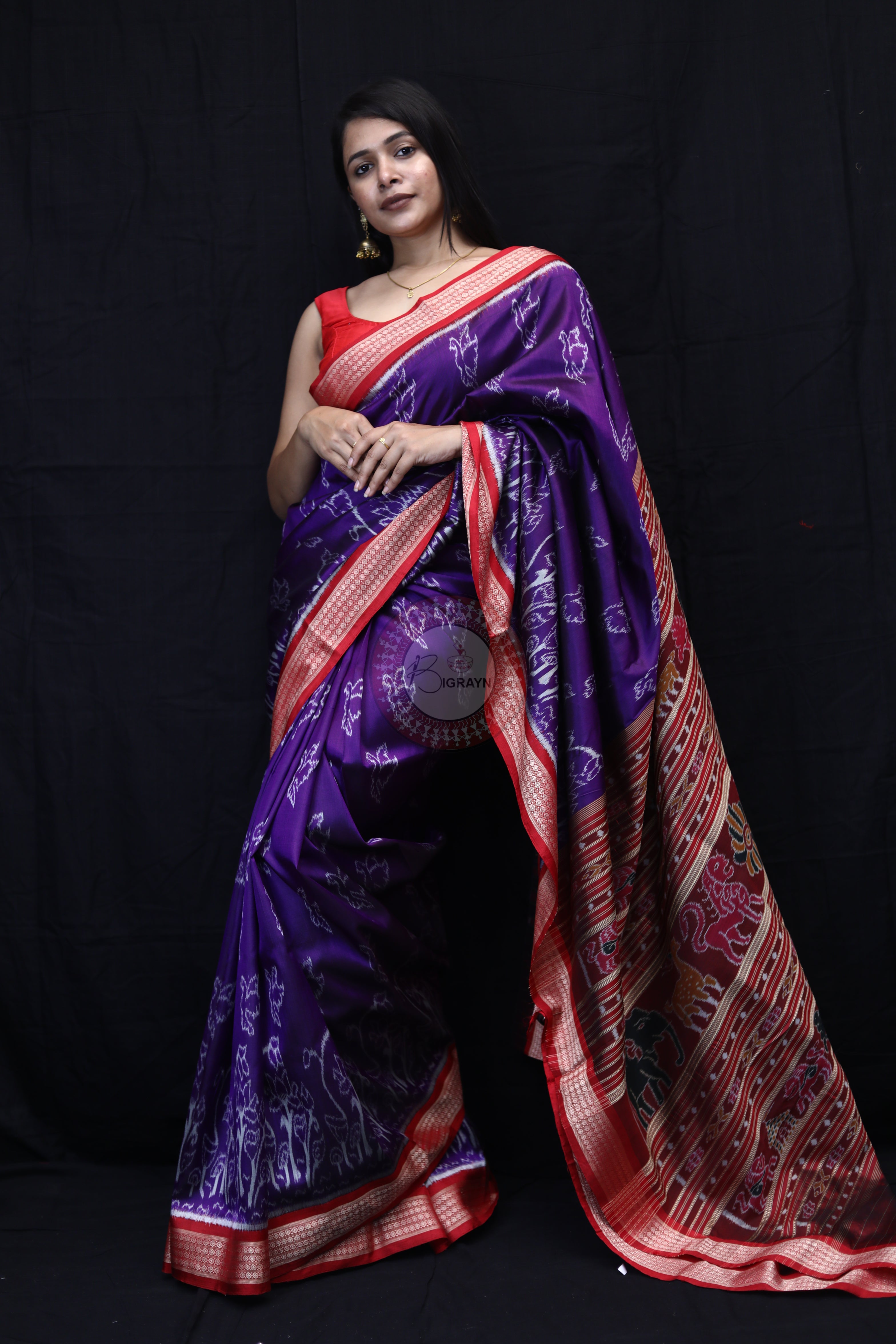 Purple Red Birds Mulberry Silk Saree
