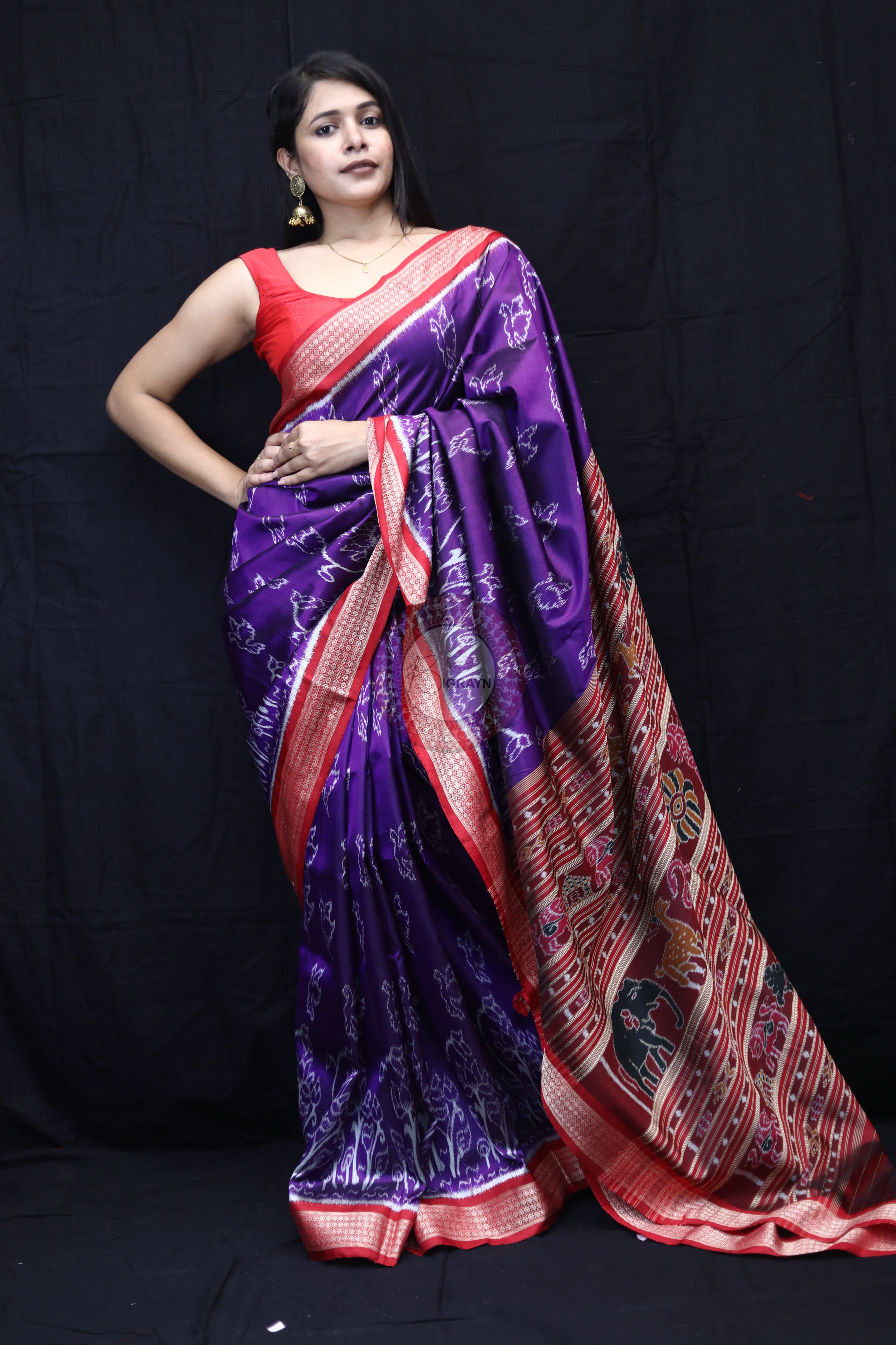 Purple Red Birds Mulberry Silk Saree
