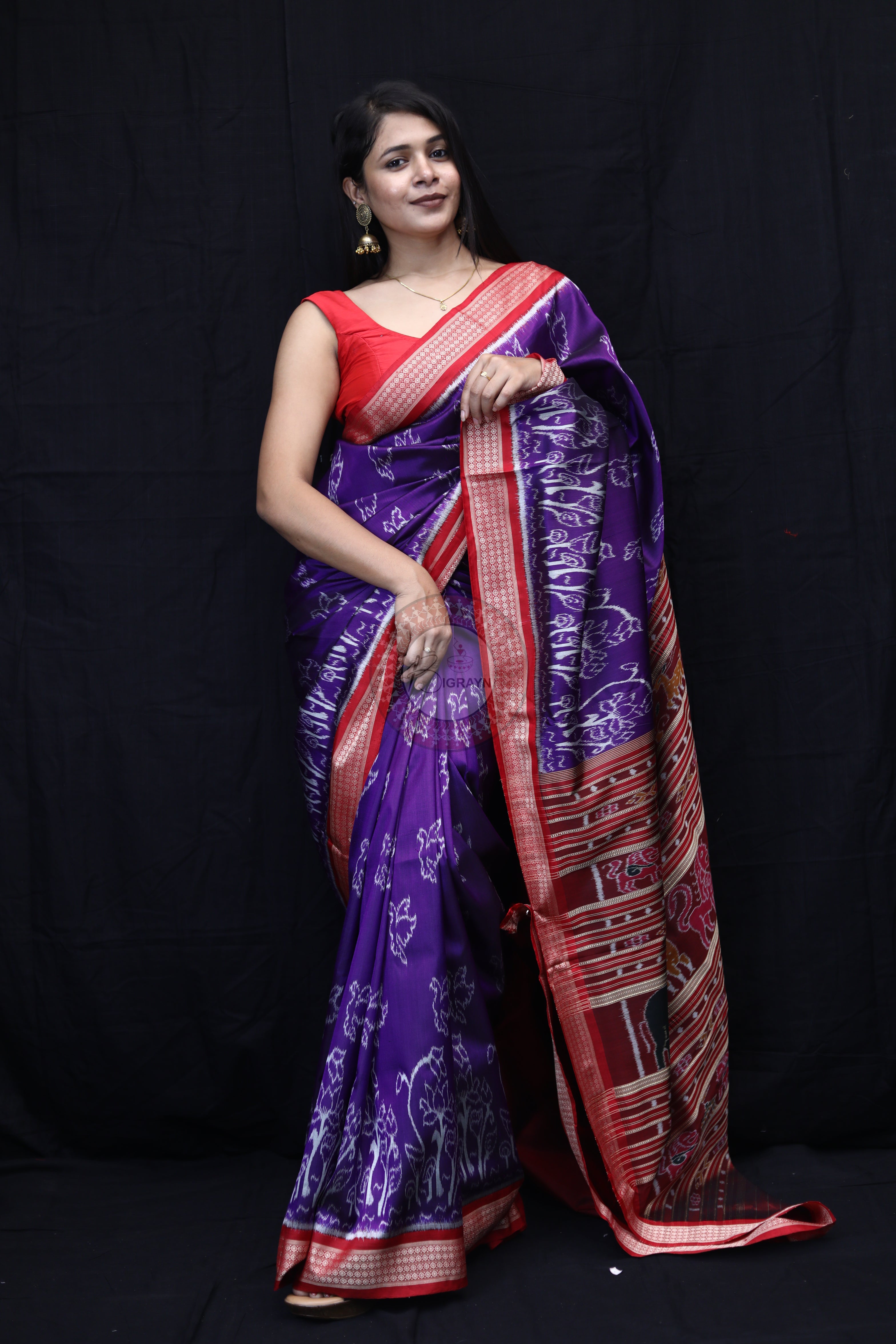 Purple Red Birds Mulberry Silk Saree