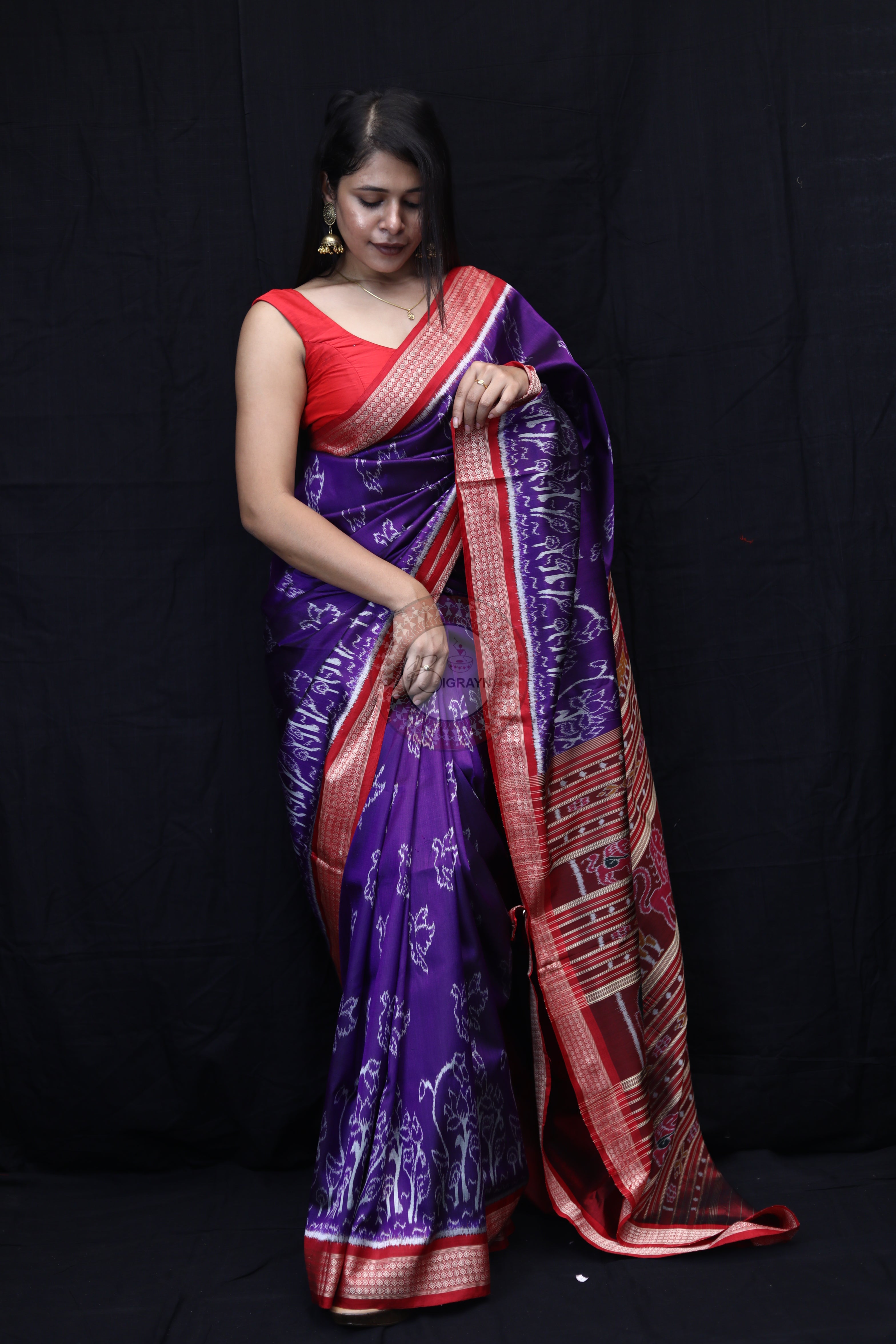 Purple Red Birds Mulberry Silk Saree