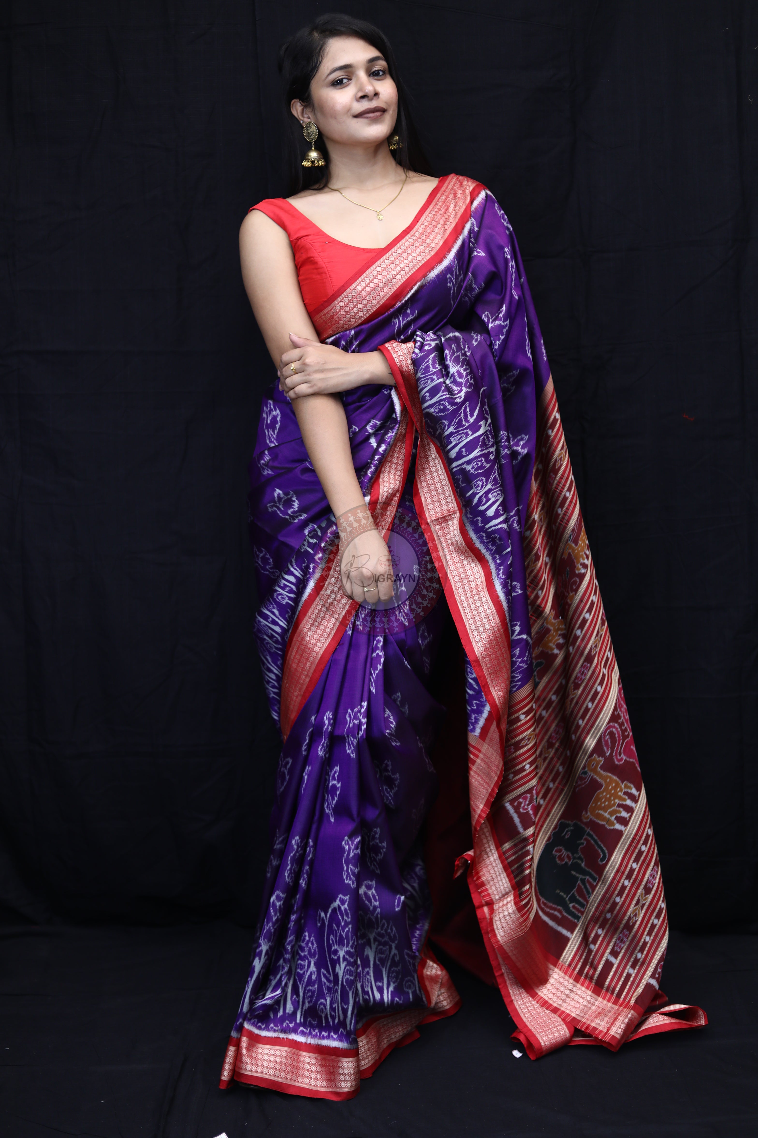 Purple Red Birds Mulberry Silk Saree
