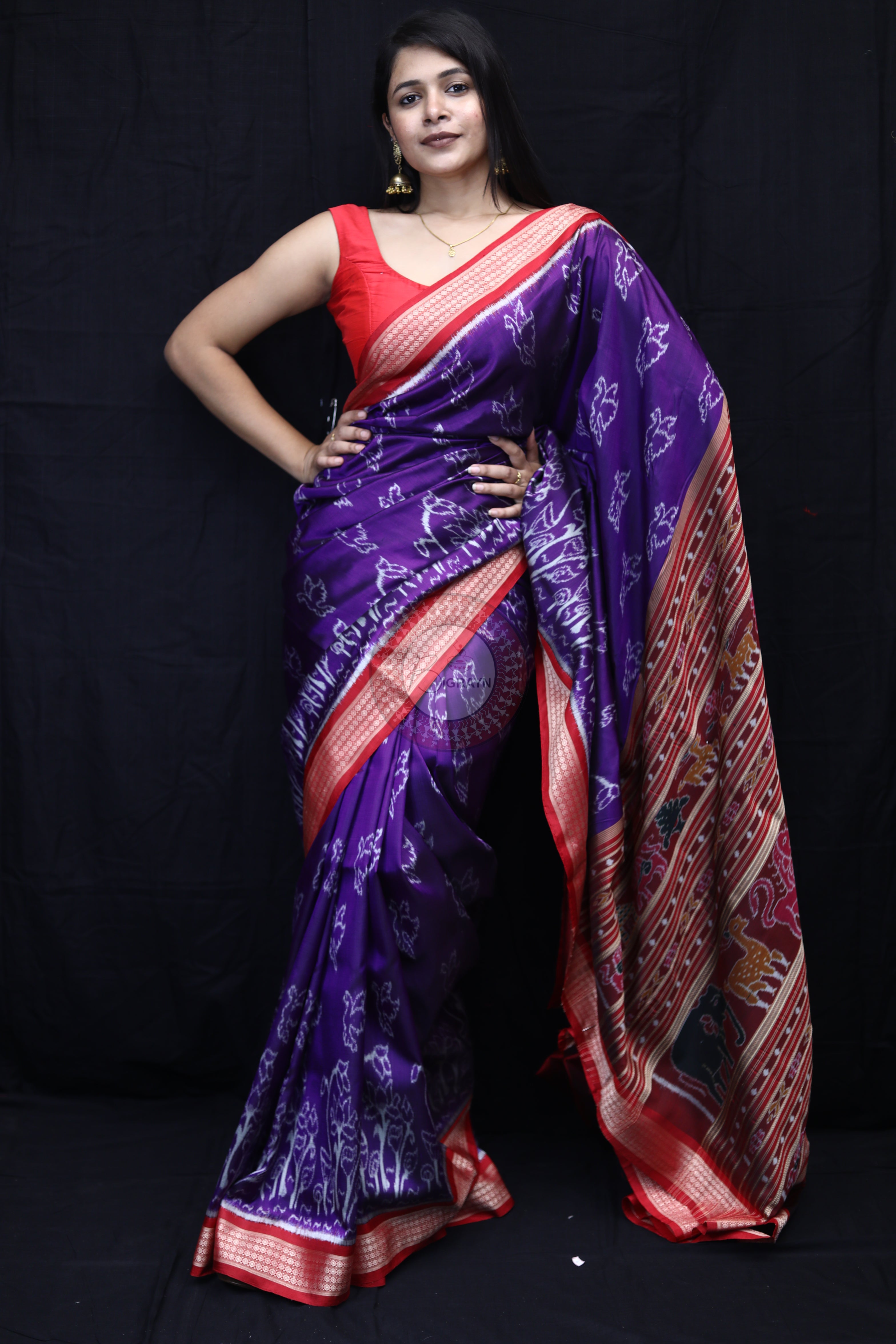 Purple Red Birds Mulberry Silk Saree