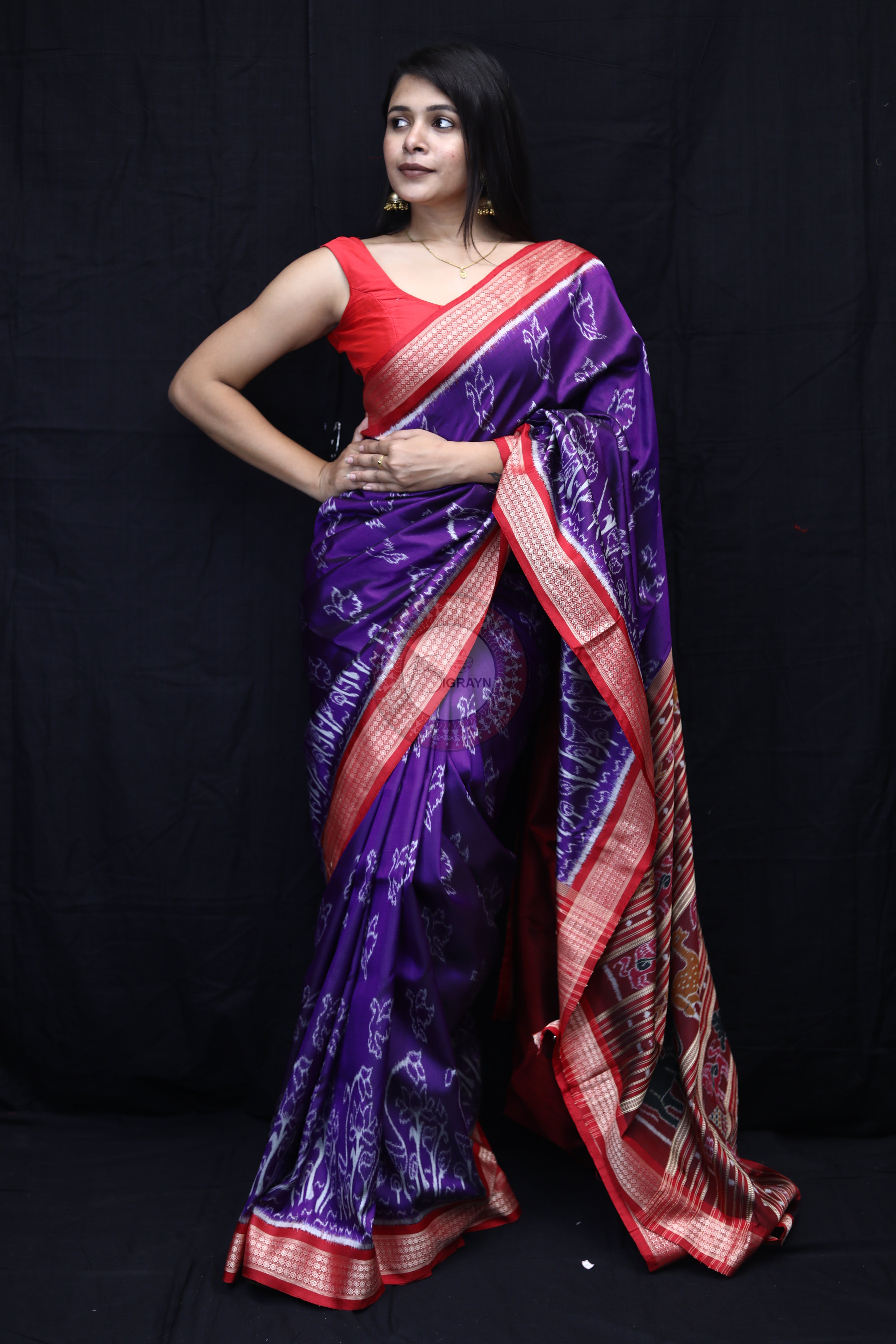 Purple Red Birds Mulberry Silk Saree