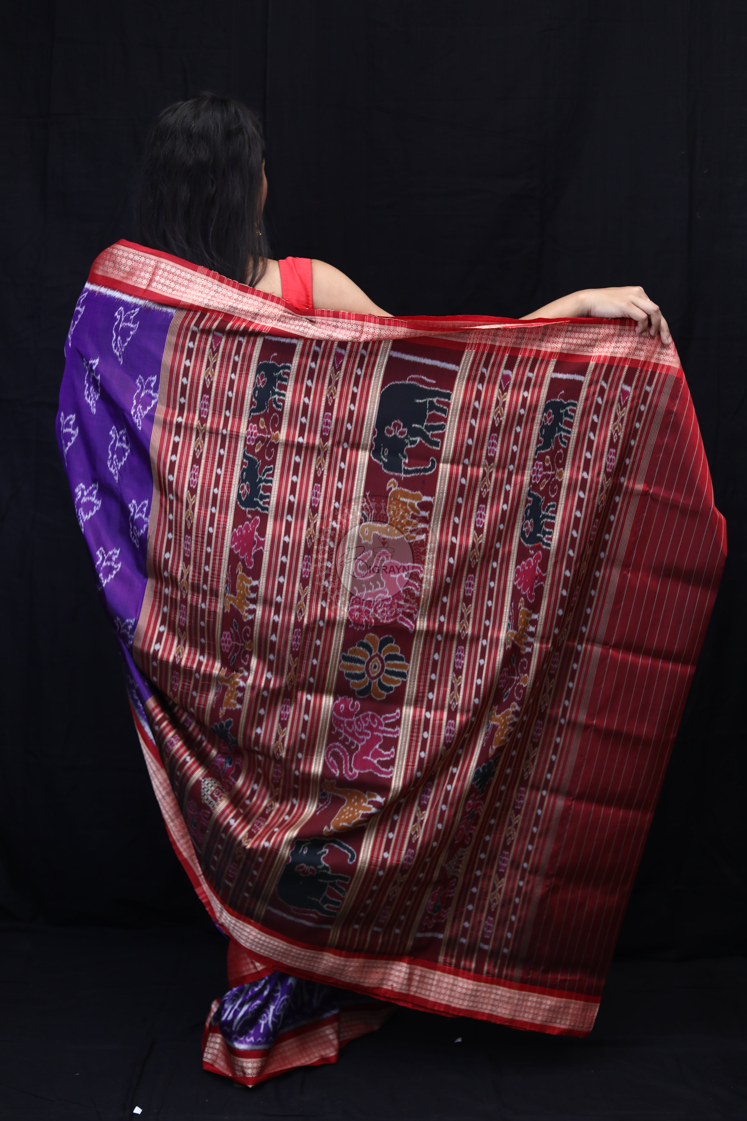 Purple Red Birds Mulberry Silk Saree