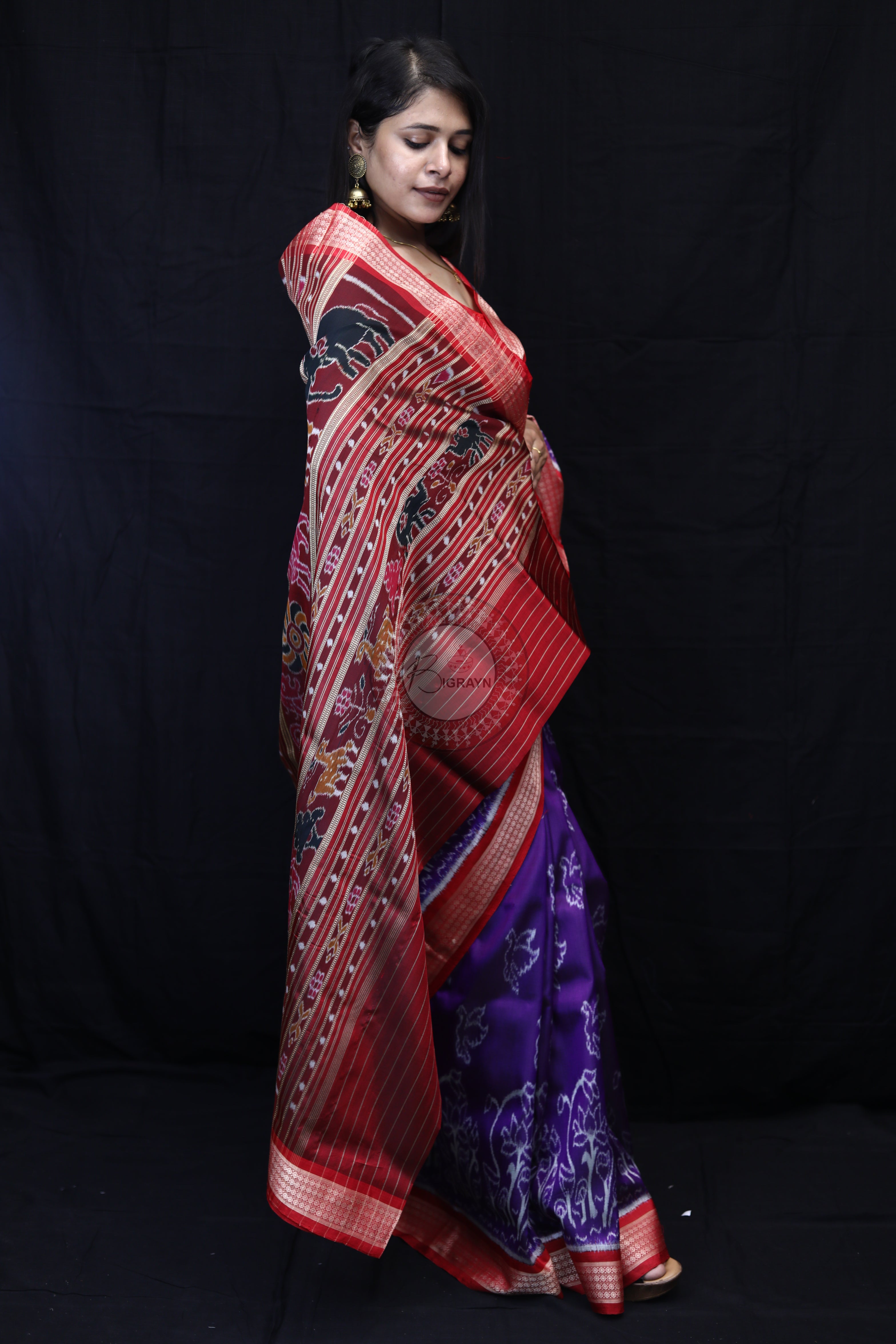 Purple Red Birds Mulberry Silk Saree