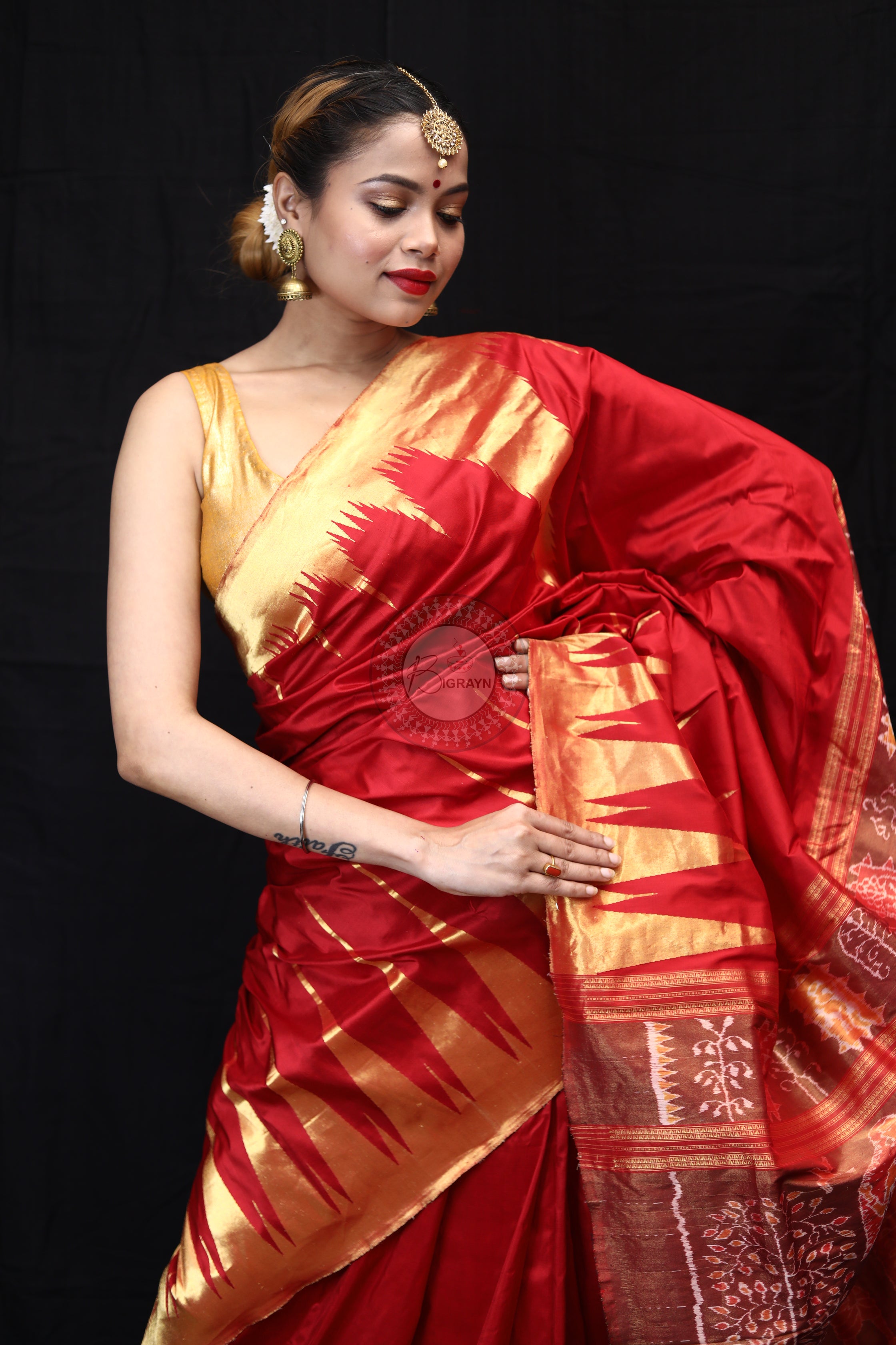 "Odisha Handloom Tissue Silk Saree with shimmering texture, elegant zari border, and lightweight drape, handcrafted by artisans"