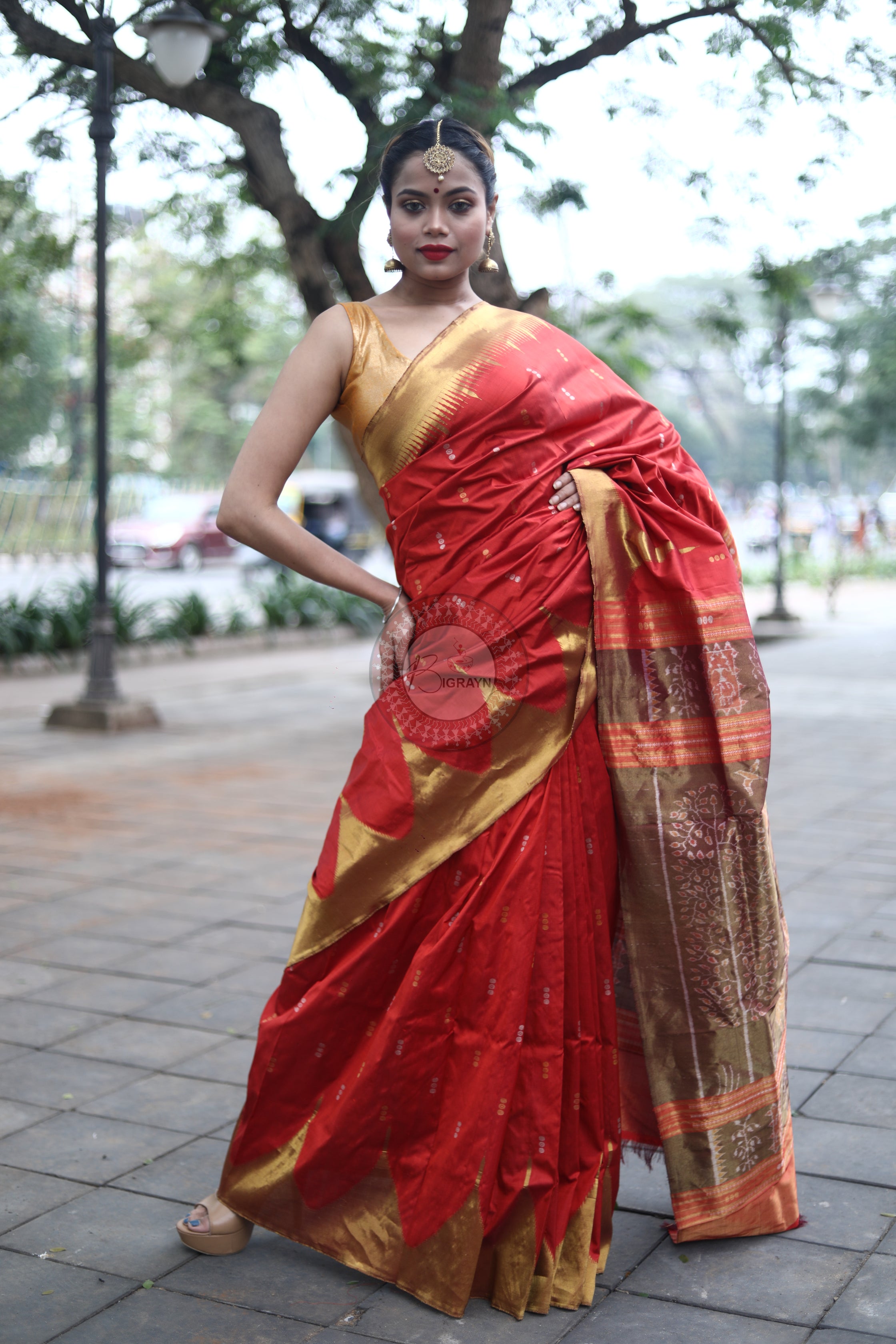 "Odisha Handloom Tissue Silk Saree with shimmering texture, elegant zari border, and lightweight drape, handcrafted by artisans"