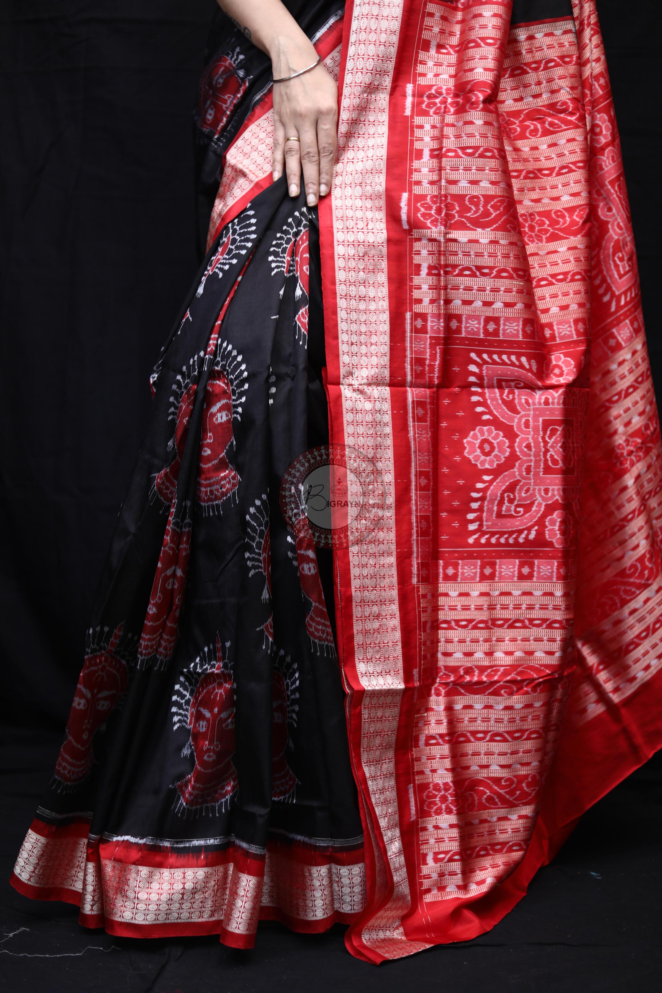 Black Red Odishi Face Sambalpuri Silk Saree