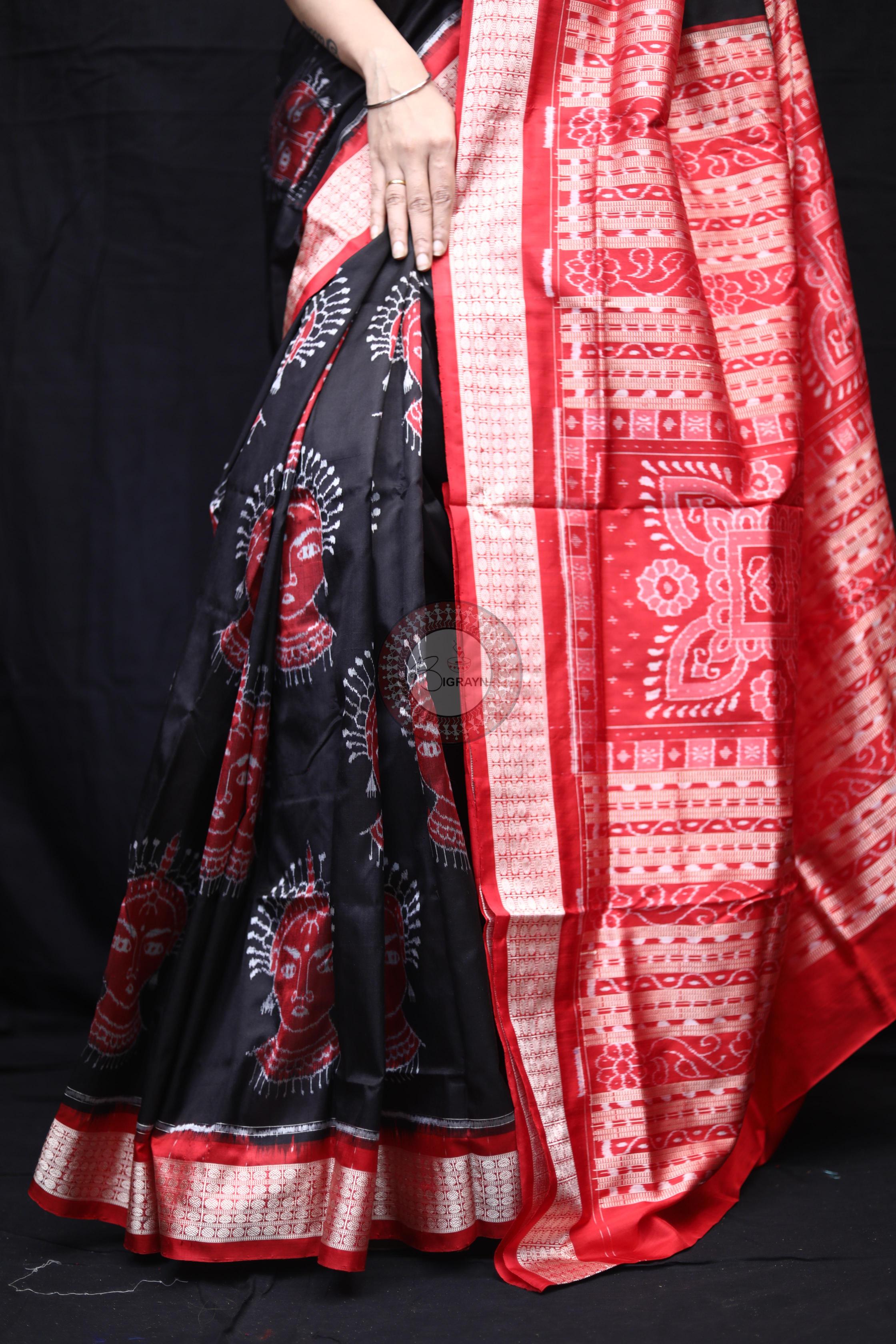 Black Red Odishi Face Sambalpuri Silk Saree