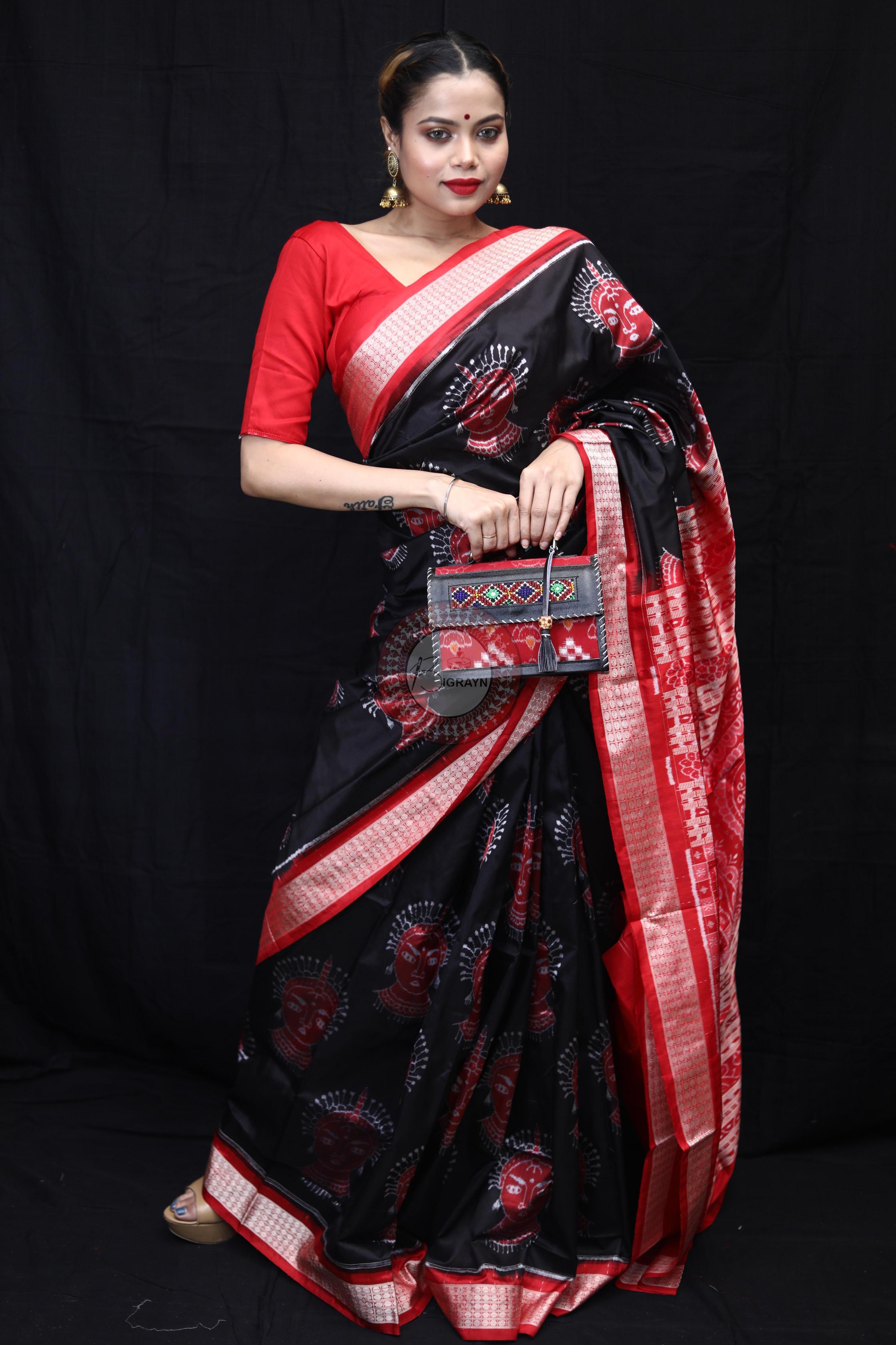 Black Red Odishi Face Sambalpuri Silk Saree