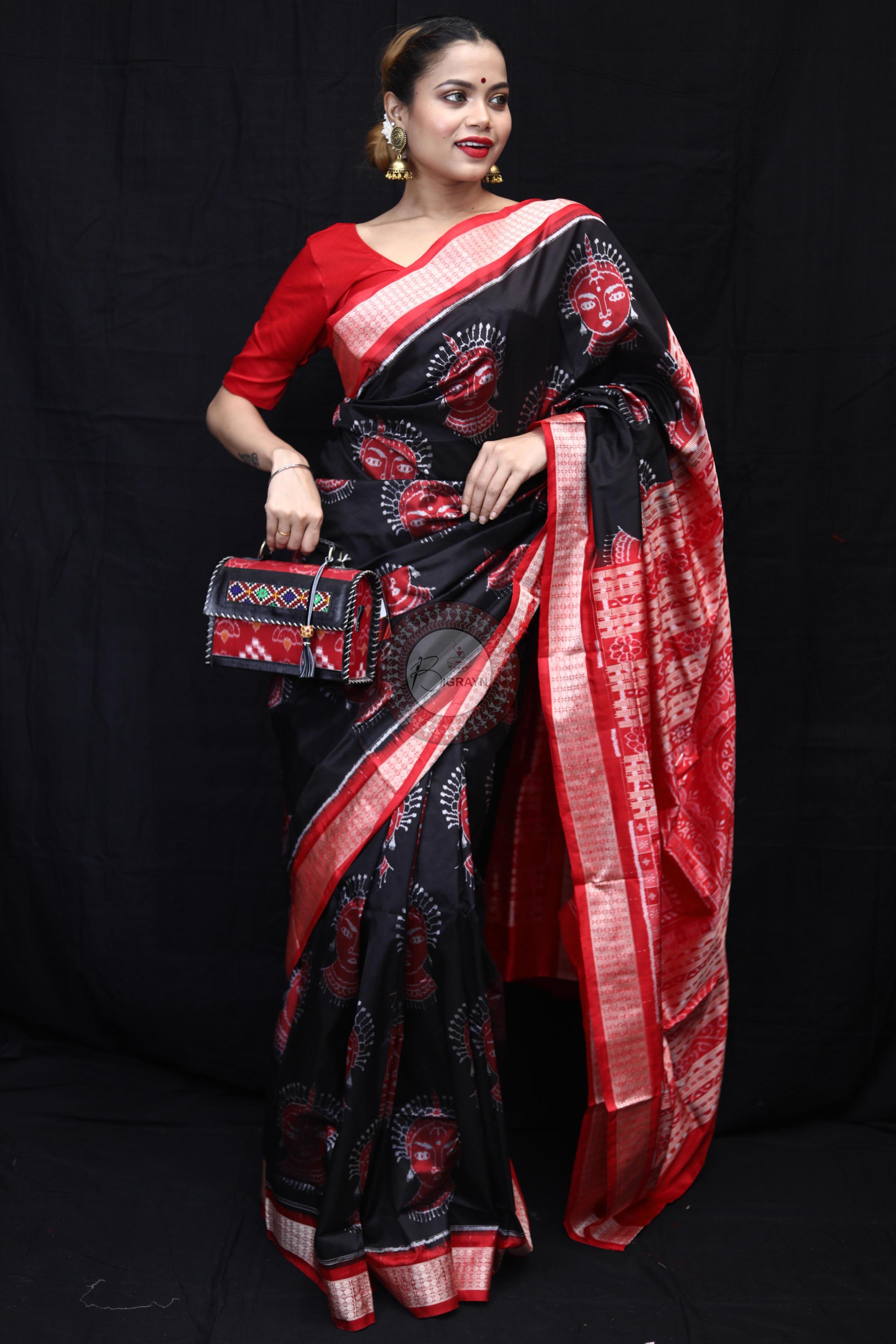 Black Red Odishi Face Sambalpuri Silk Saree