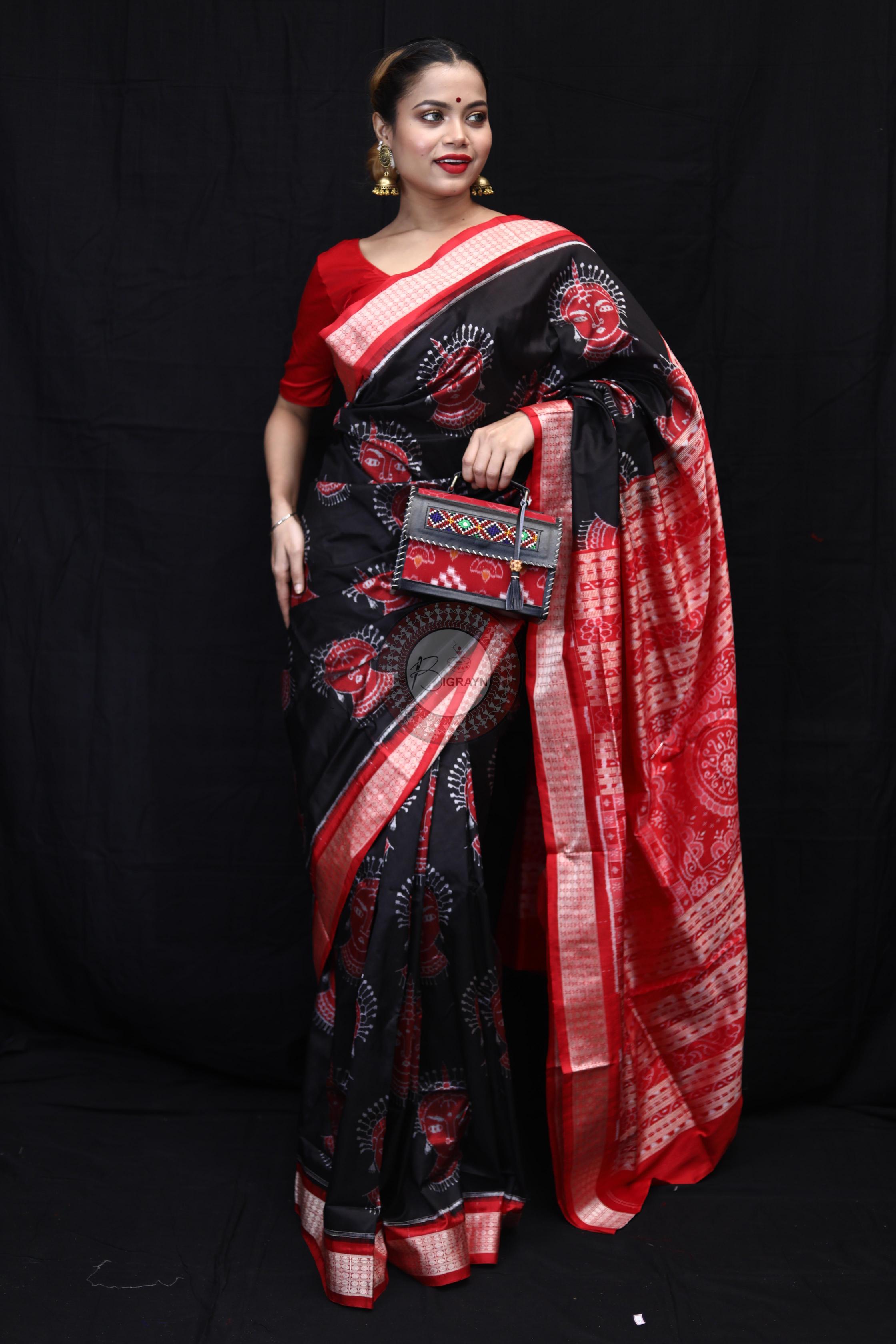 Black Red Odishi Face Sambalpuri Silk Saree