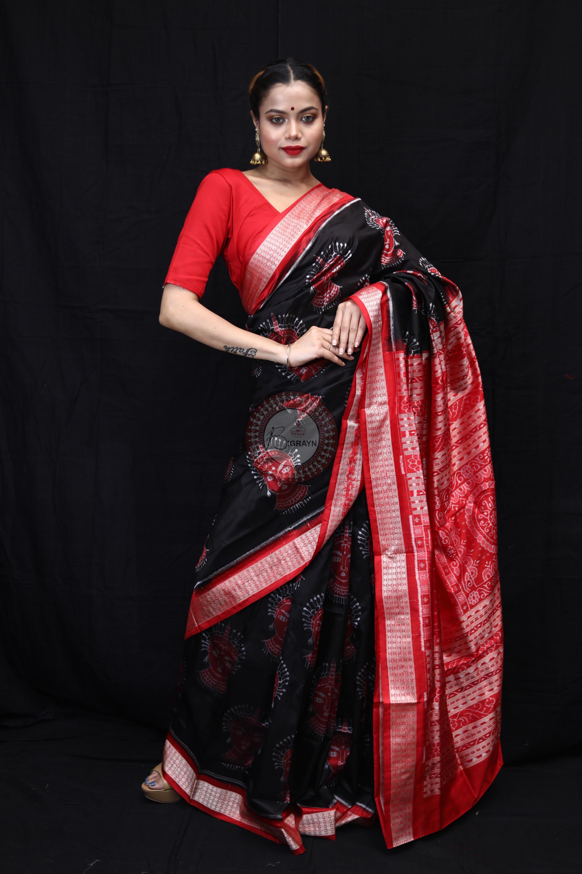 Black Red Odishi Face Sambalpuri Silk Saree