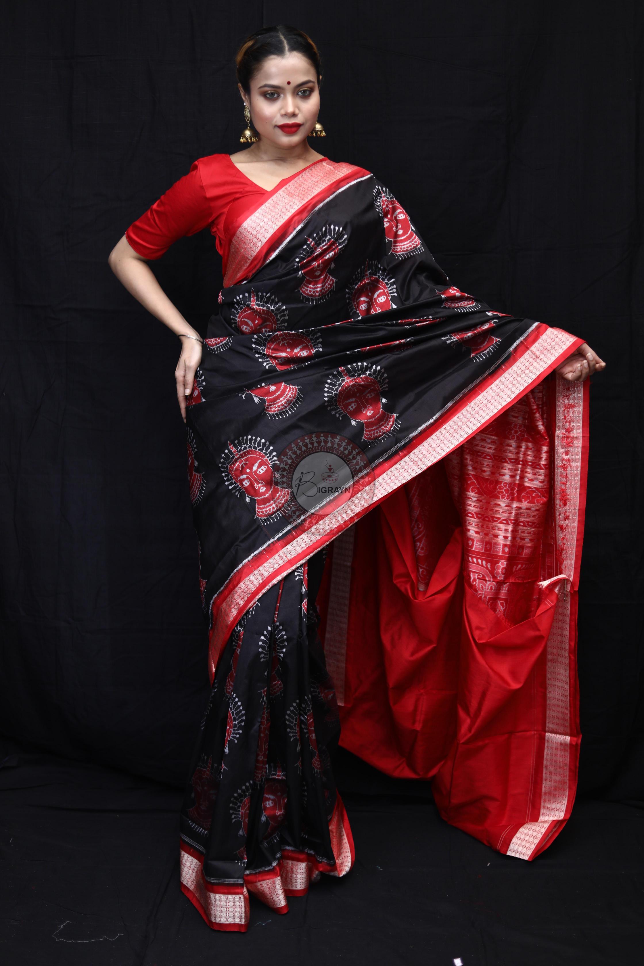 Black Red Odishi Face Sambalpuri Silk Saree