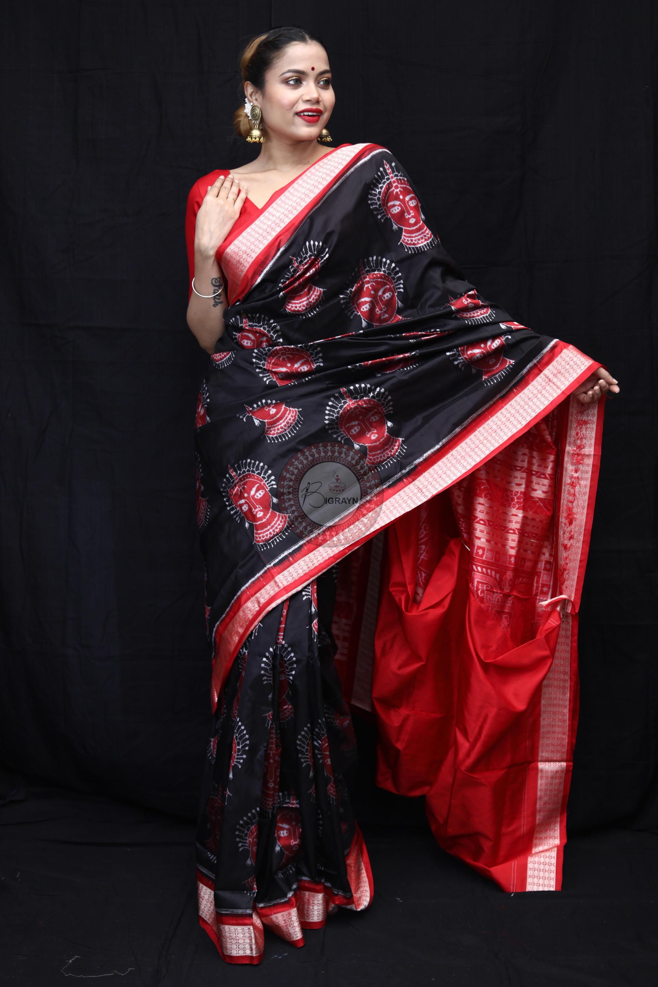 Black Red Odishi Face Sambalpuri Silk Saree