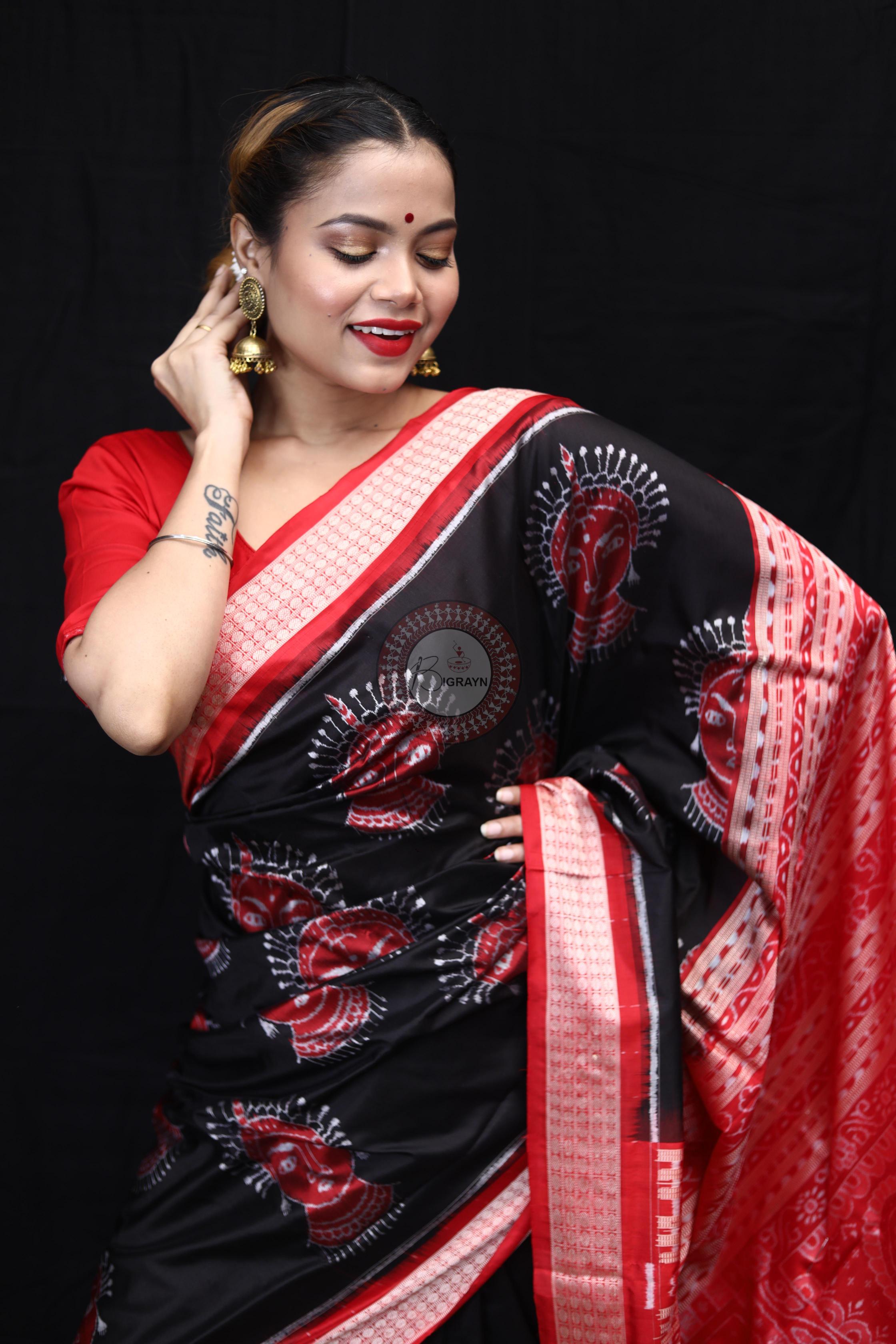 Black Red Odishi Face Sambalpuri Silk Saree
