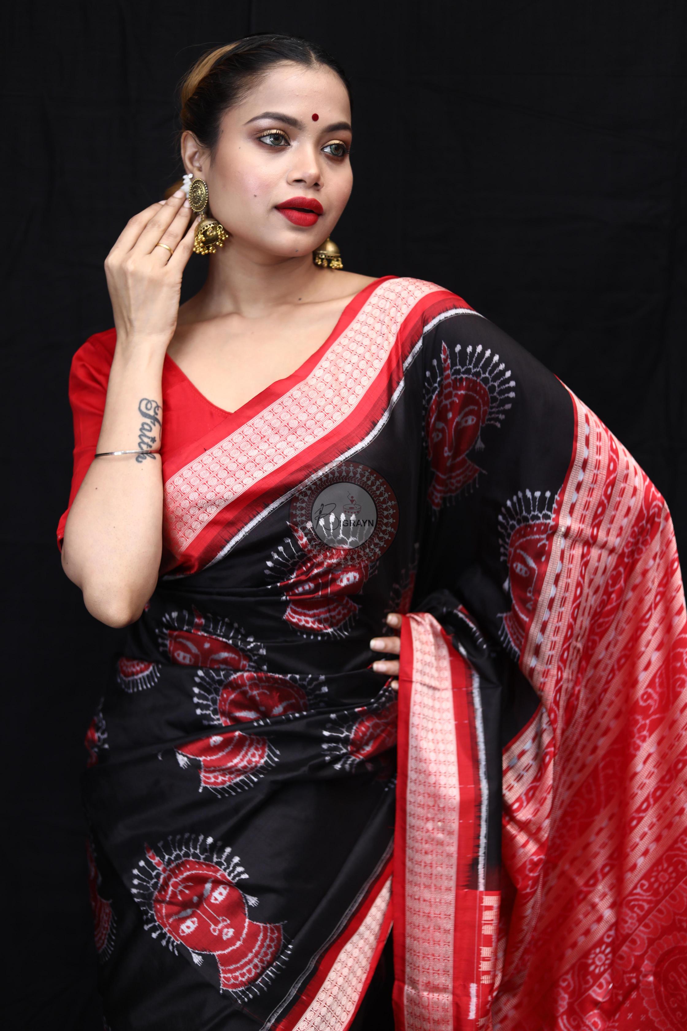 Black Red Odishi Face Sambalpuri Silk Saree