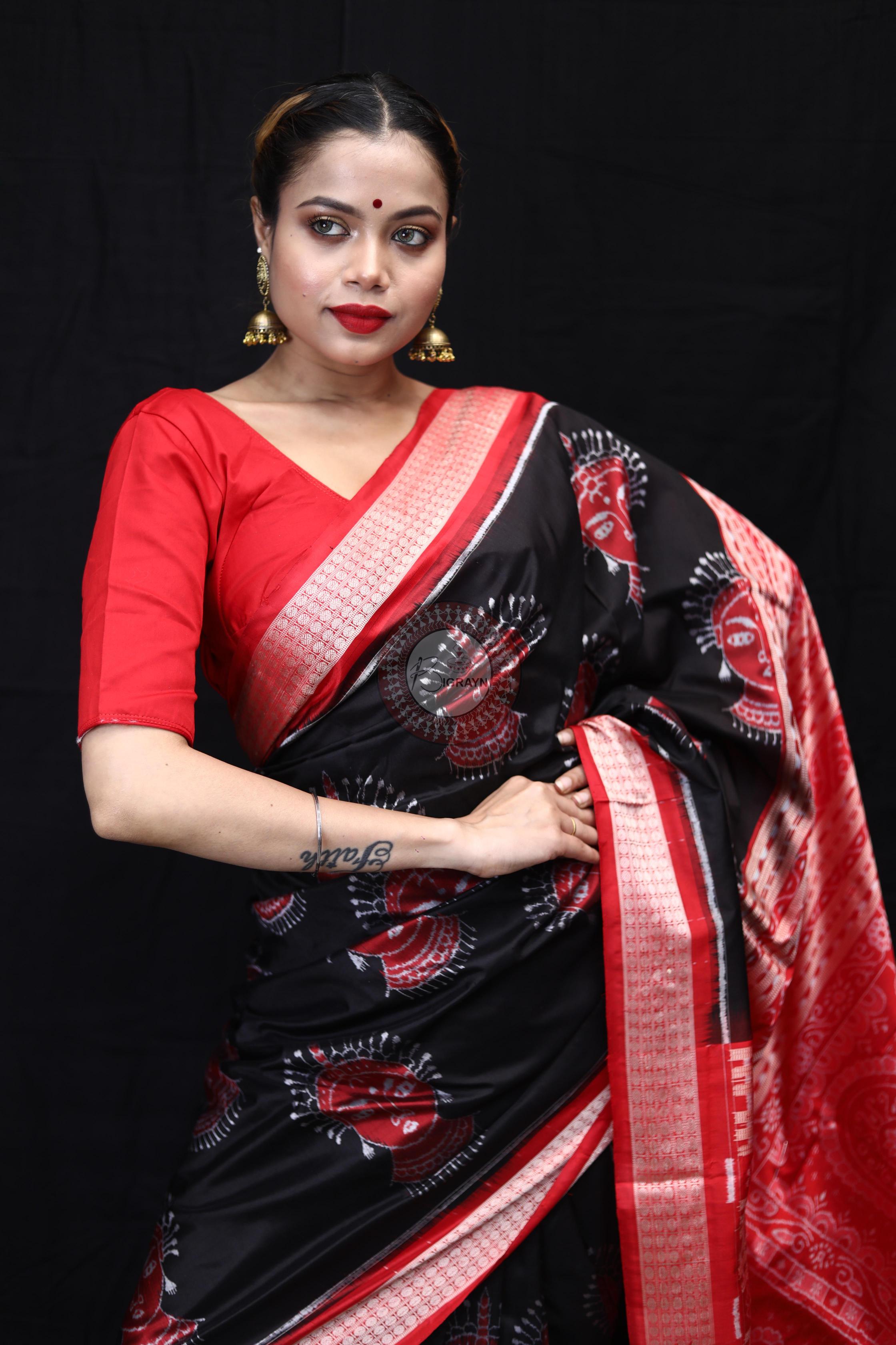 Black Red Odishi Face Sambalpuri Silk Saree
