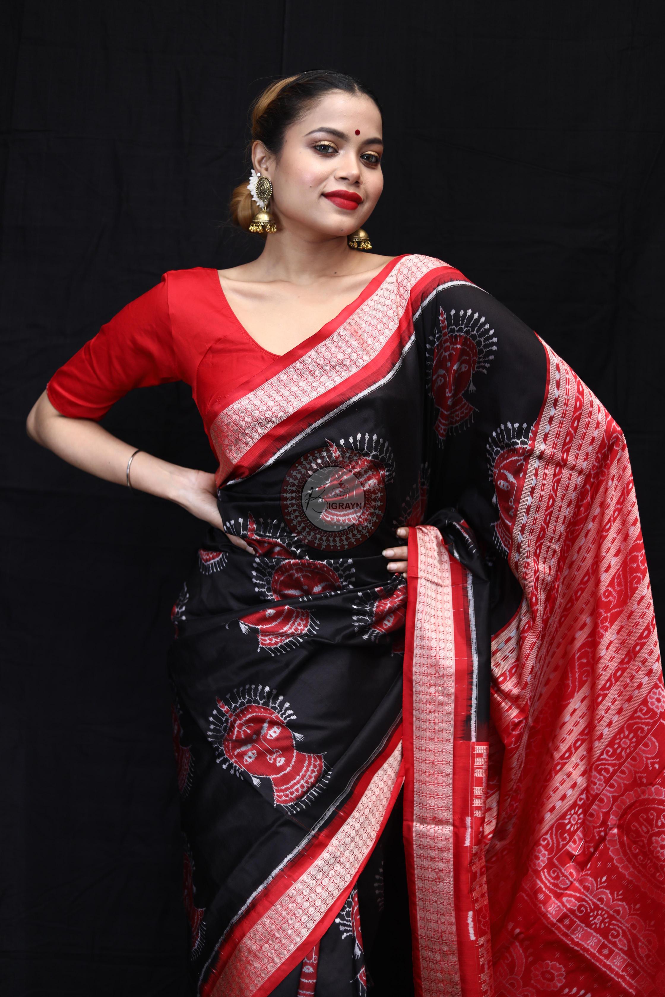 Black Red Odishi Face Sambalpuri Silk Saree