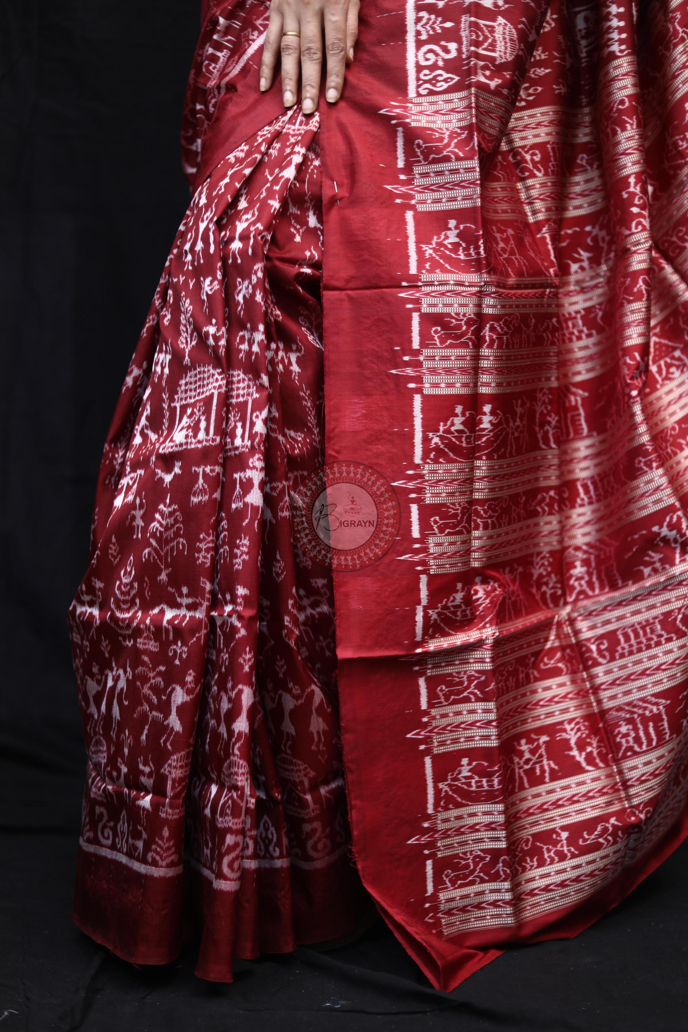 Maroon Silver Full Body Tribal Sambalpuri Silk Saree