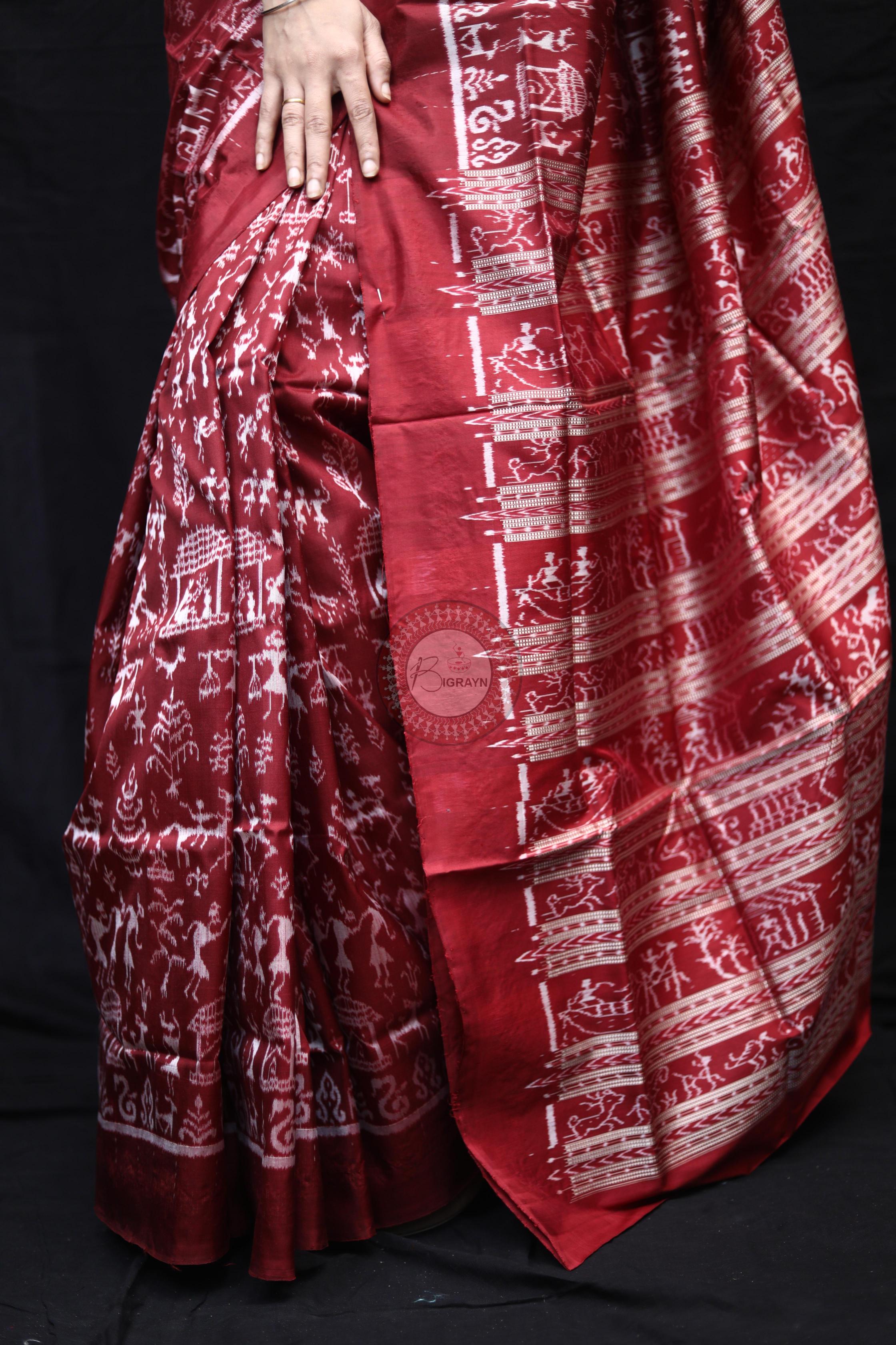 Maroon Silver Full Body Tribal Sambalpuri Silk Saree