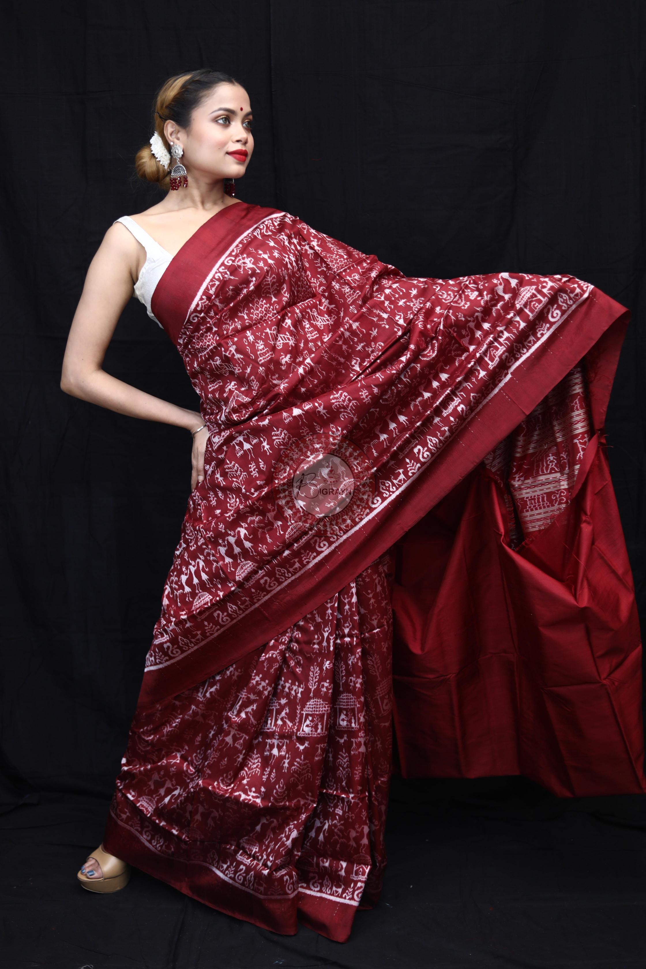 Maroon Silver Full Body Tribal Sambalpuri Silk Saree