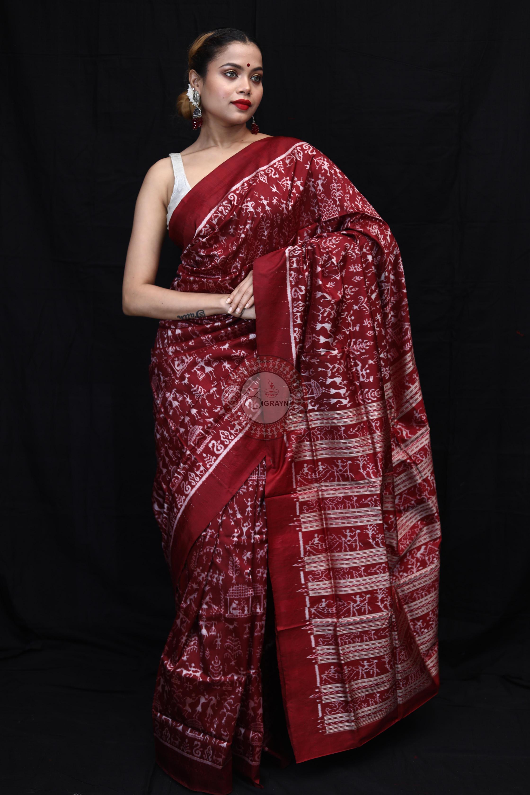 Maroon Silver Full Body Tribal Sambalpuri Silk Saree
