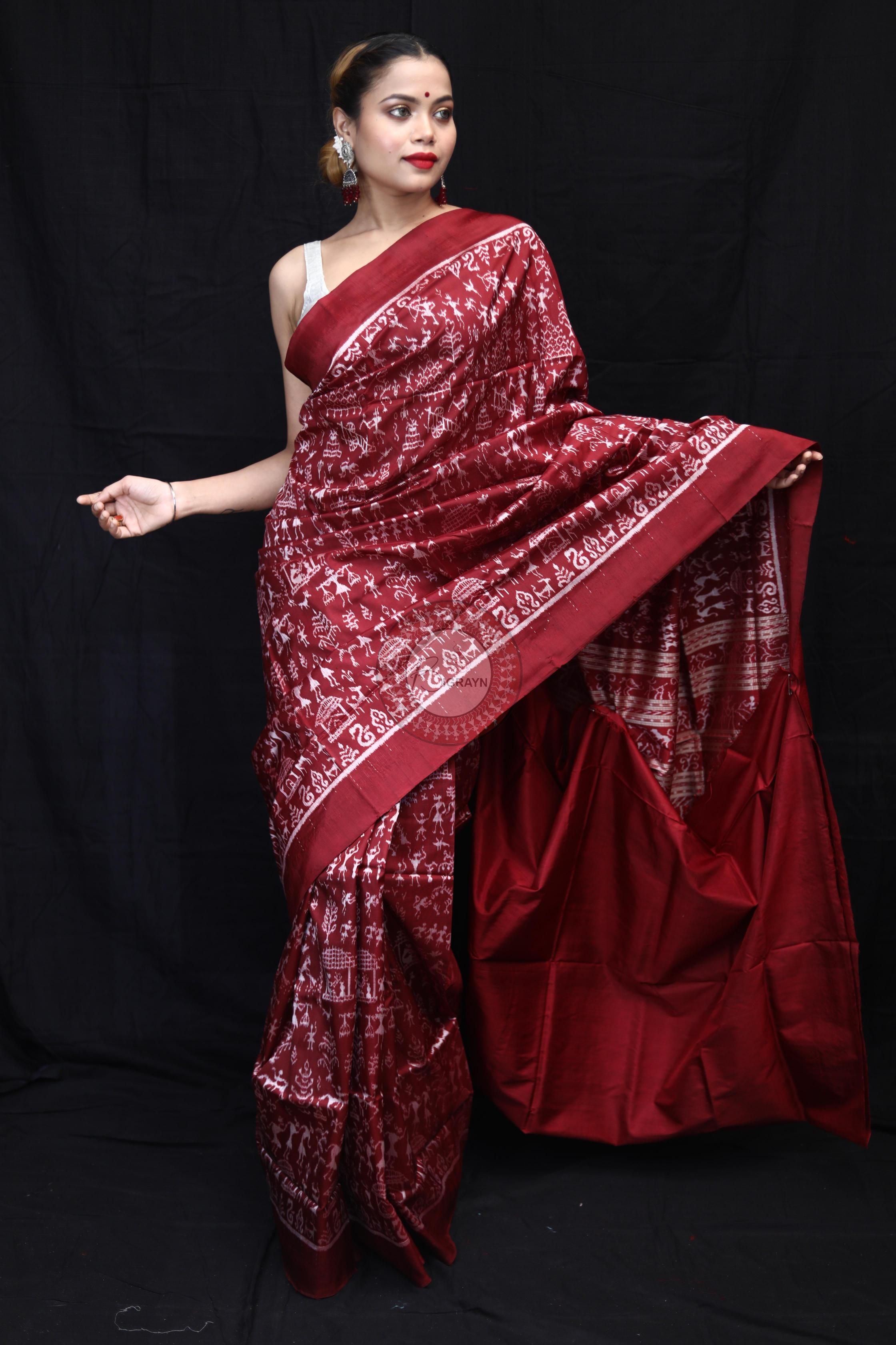 Maroon Silver Full Body Tribal Sambalpuri Silk Saree