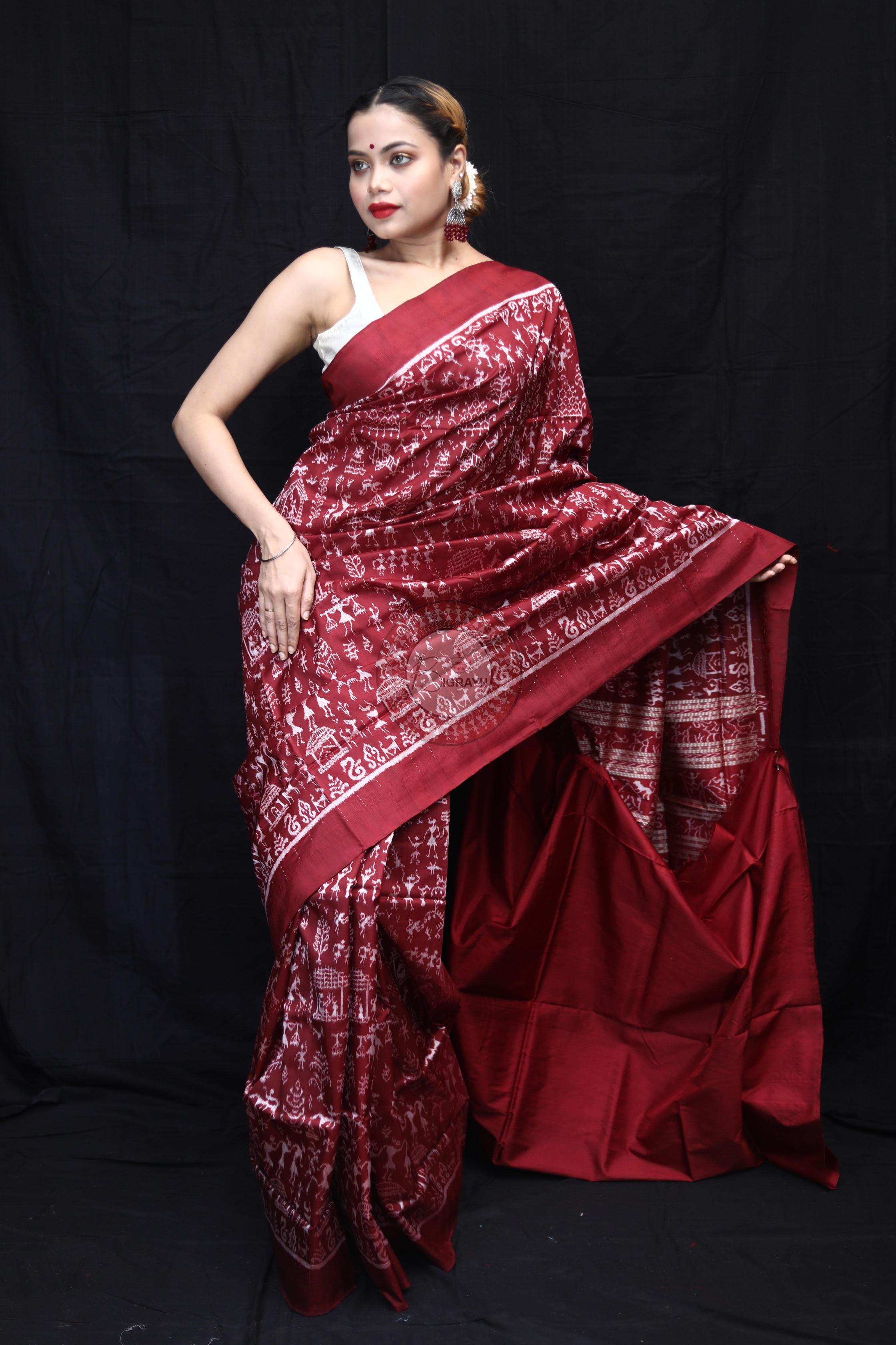 Maroon Silver Full Body Tribal Sambalpuri Silk Saree