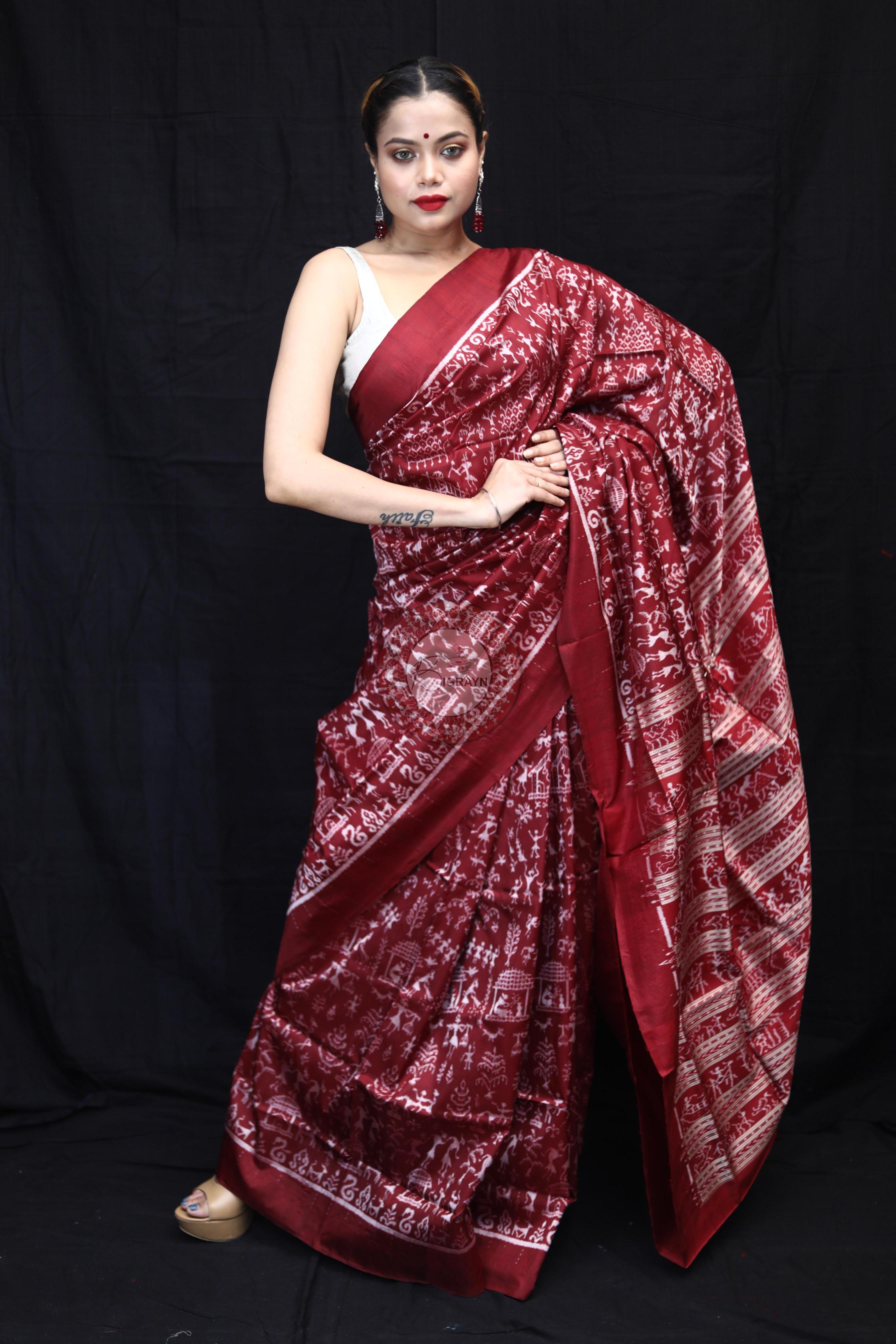 Maroon Silver Full Body Tribal Sambalpuri Silk Saree