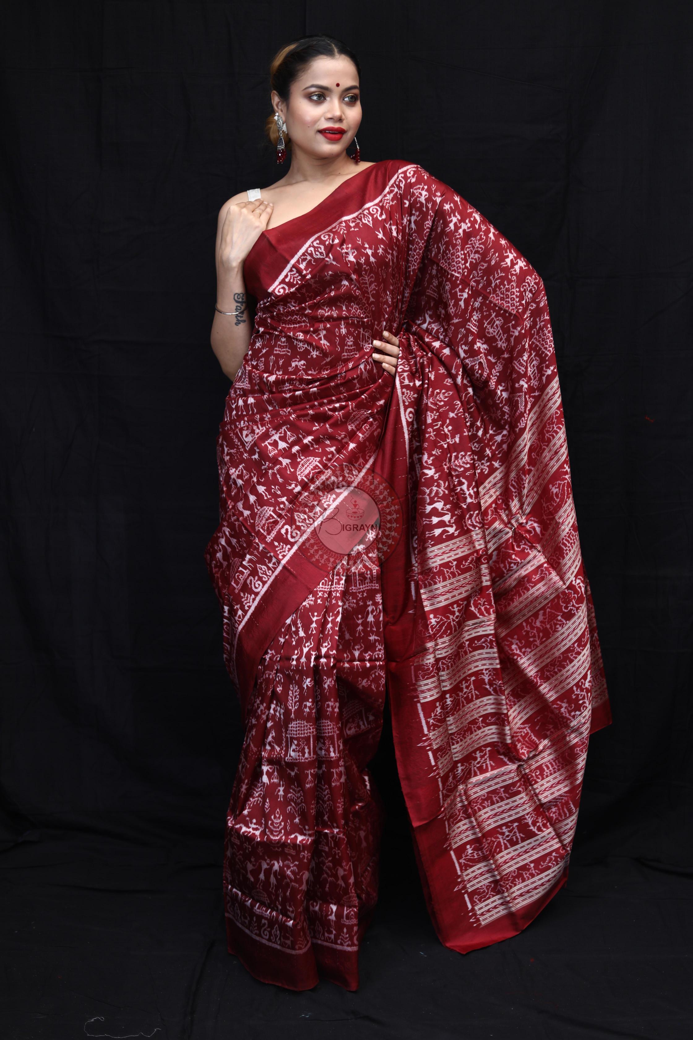 Maroon Silver Full Body Tribal Sambalpuri Silk Saree