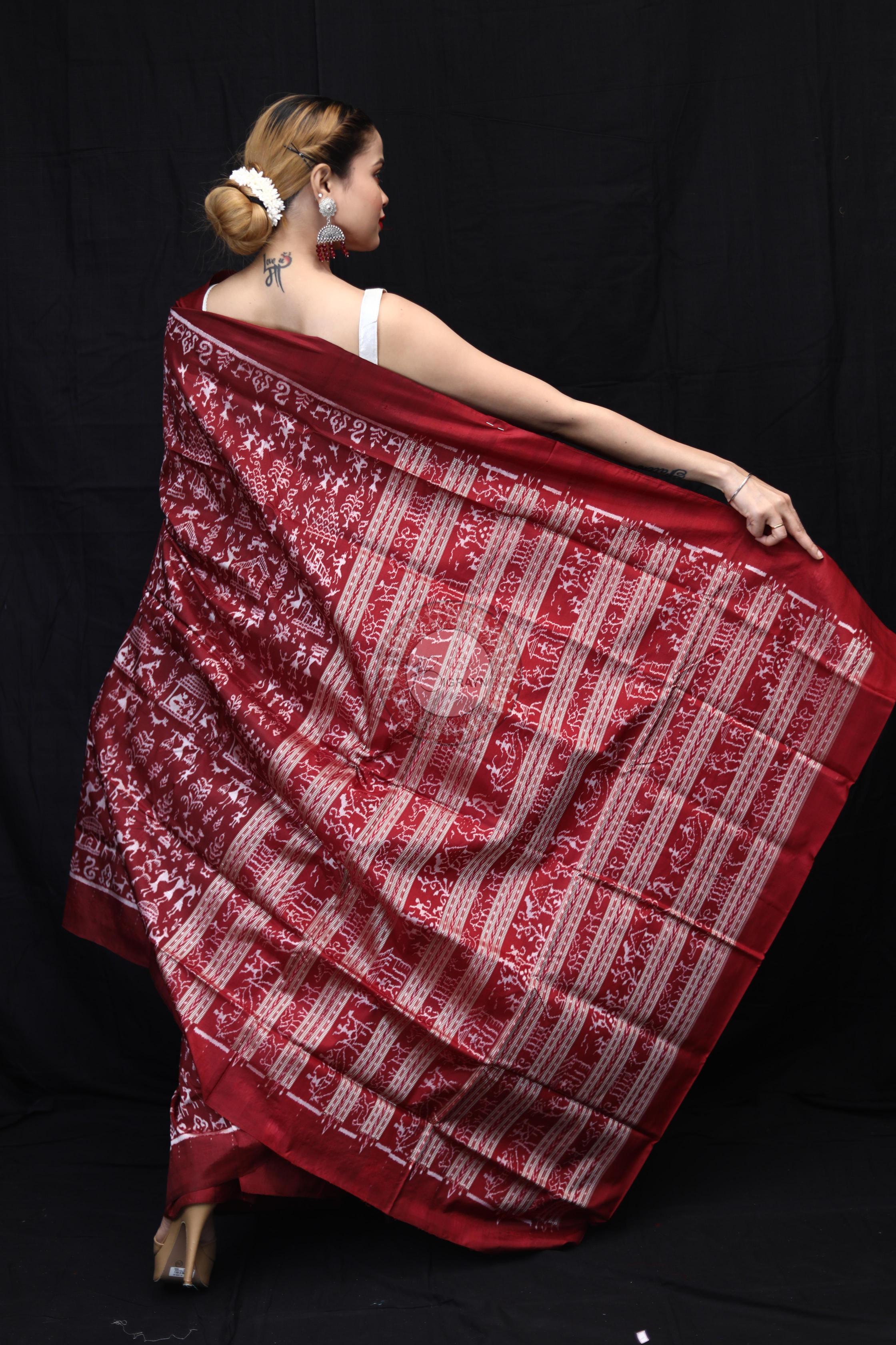 Maroon Silver Full Body Tribal Sambalpuri Silk Saree
