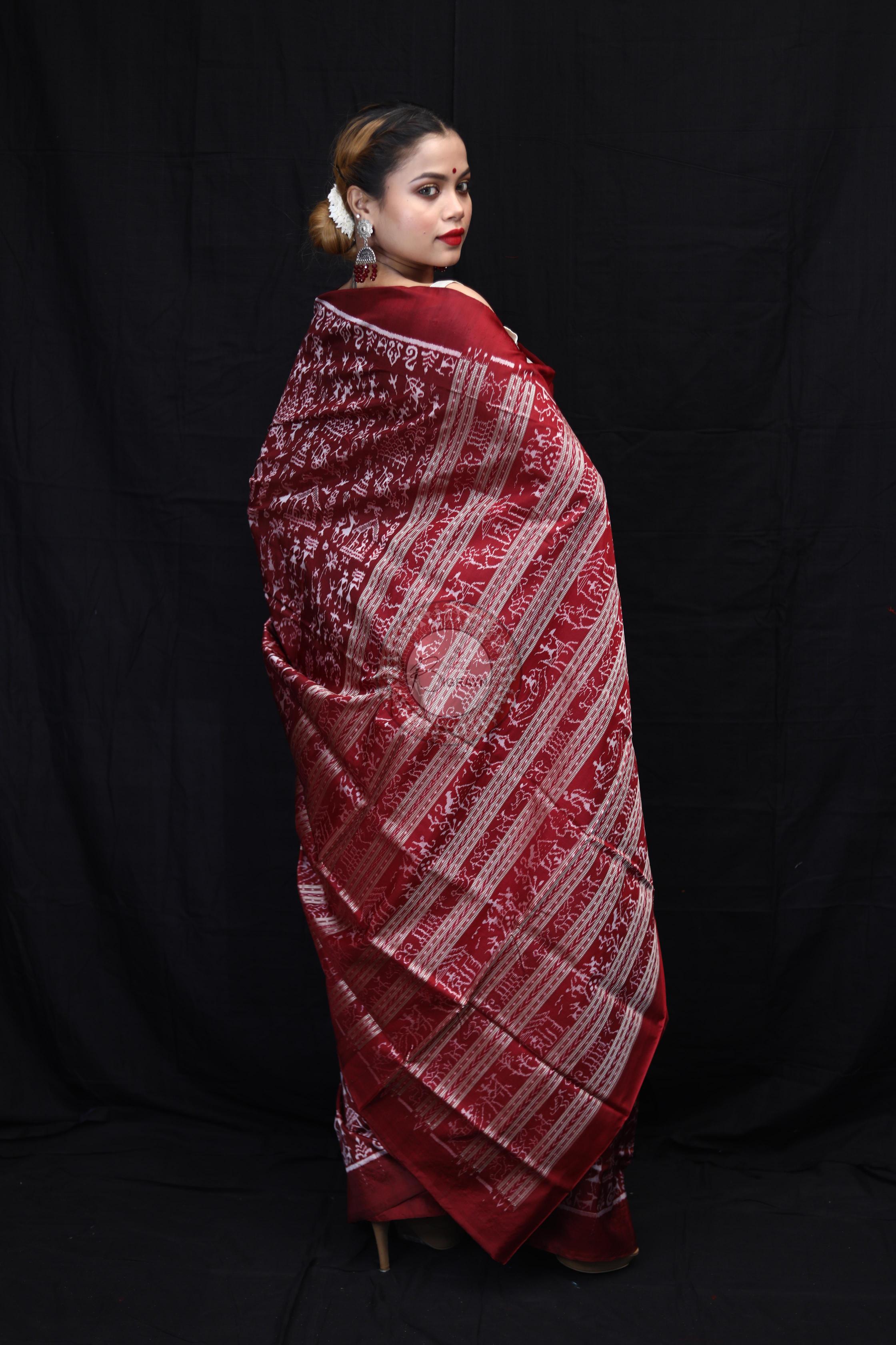 Maroon Silver Full Body Tribal Sambalpuri Silk Saree