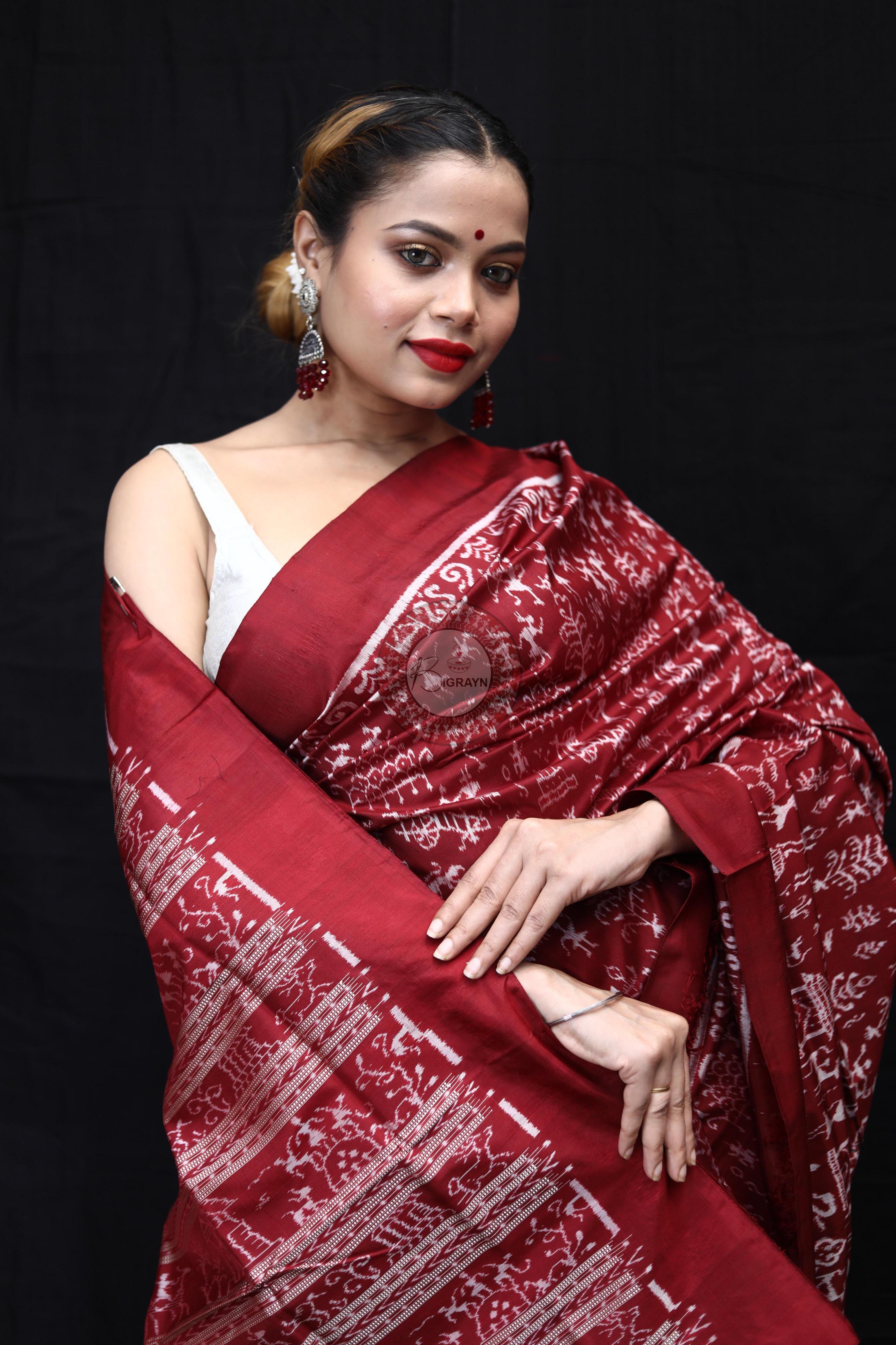 Maroon Silver Full Body Tribal Sambalpuri Silk Saree