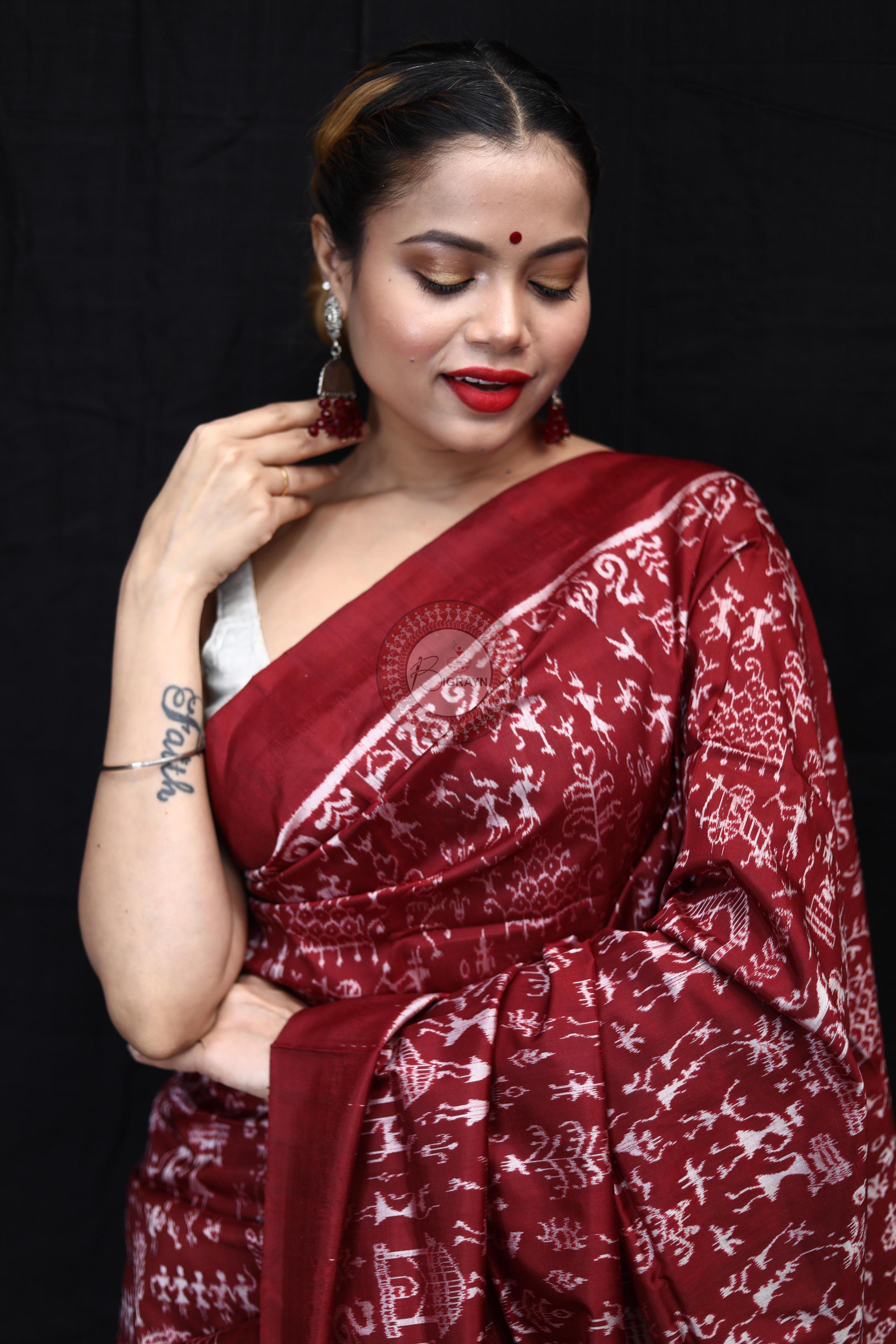 Maroon Silver Full Body Tribal Sambalpuri Silk Saree