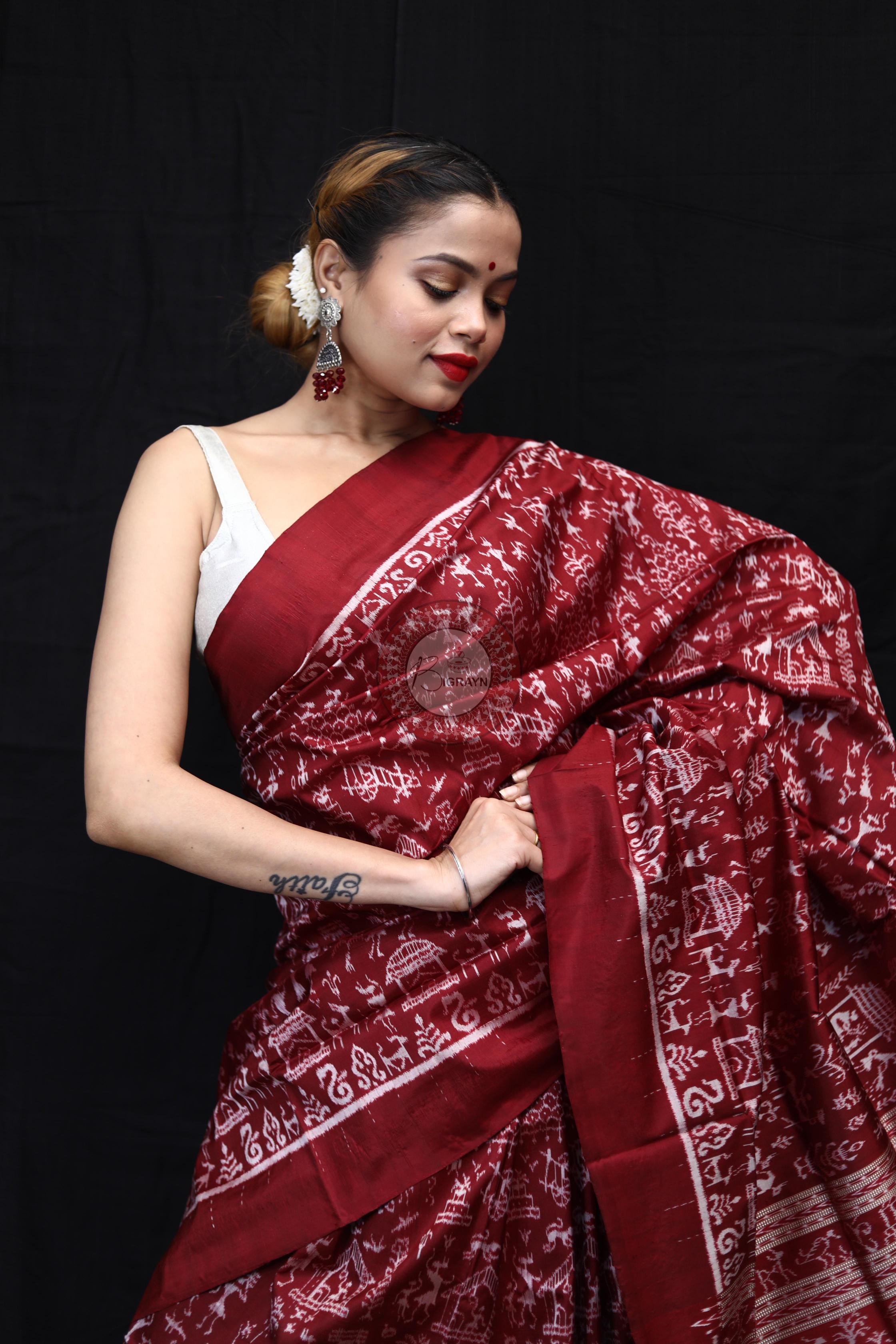 Maroon Silver Full Body Tribal Sambalpuri Silk Saree
