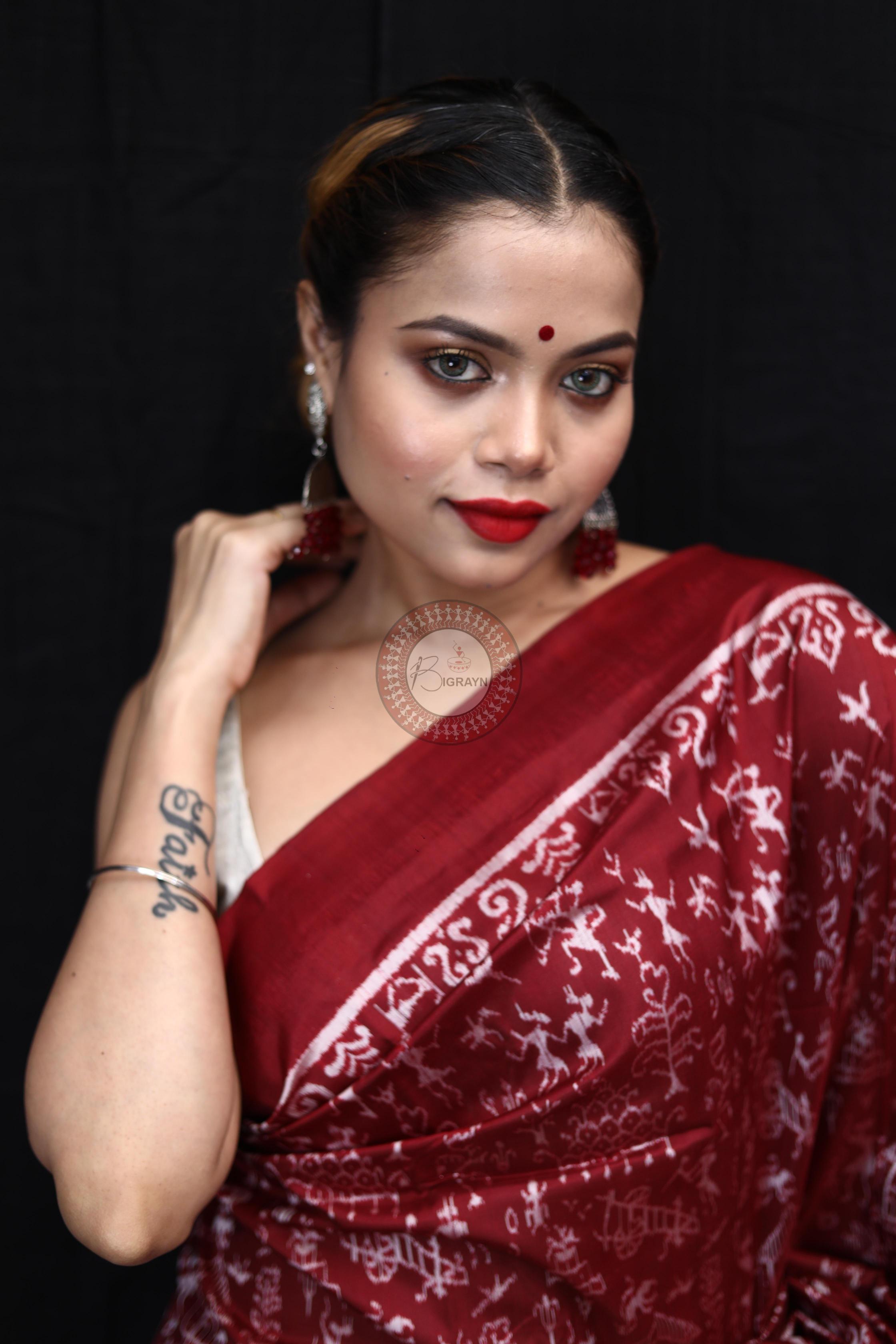 Maroon Silver Full Body Tribal Sambalpuri Silk Saree