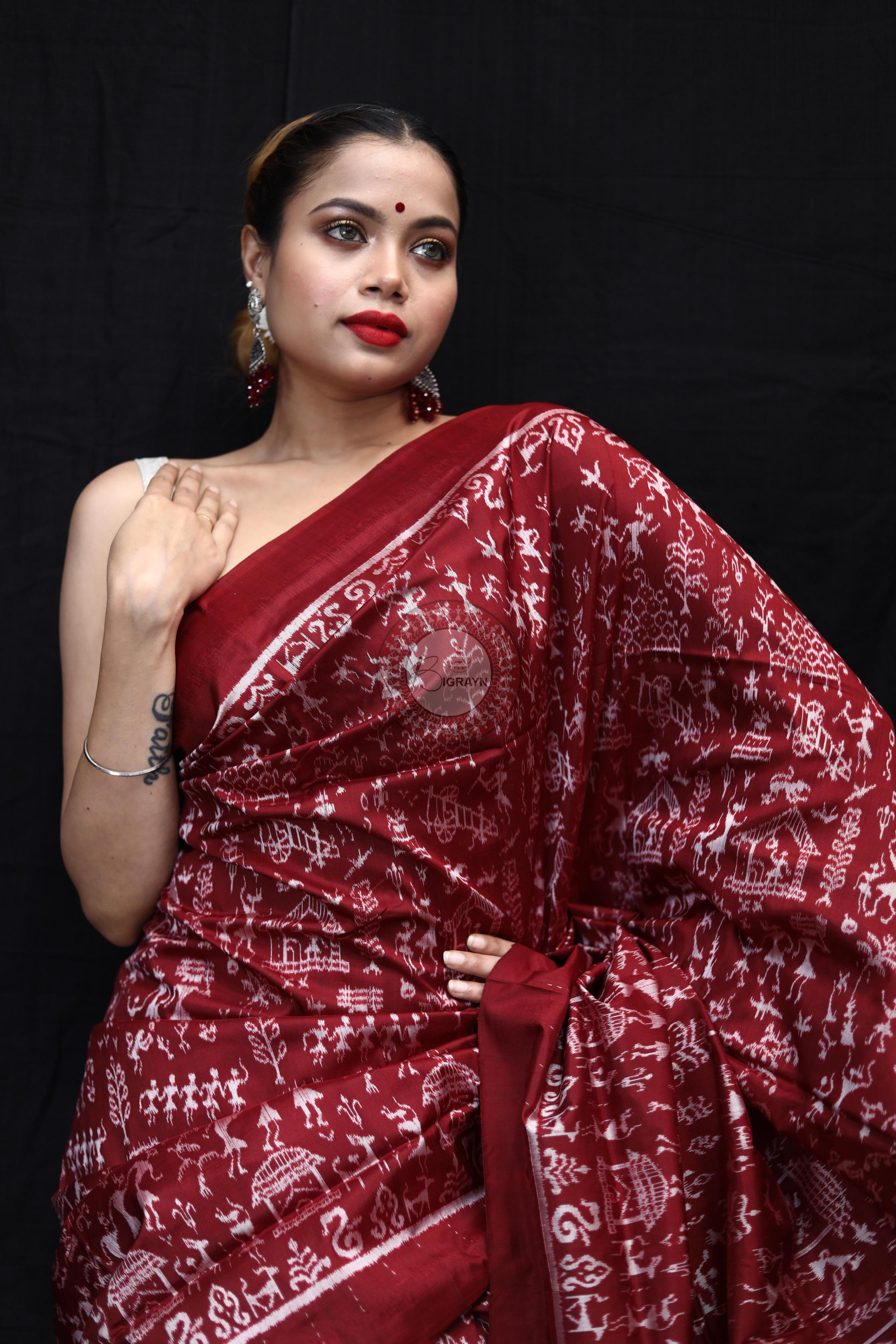Maroon Silver Full Body Tribal Sambalpuri Silk Saree