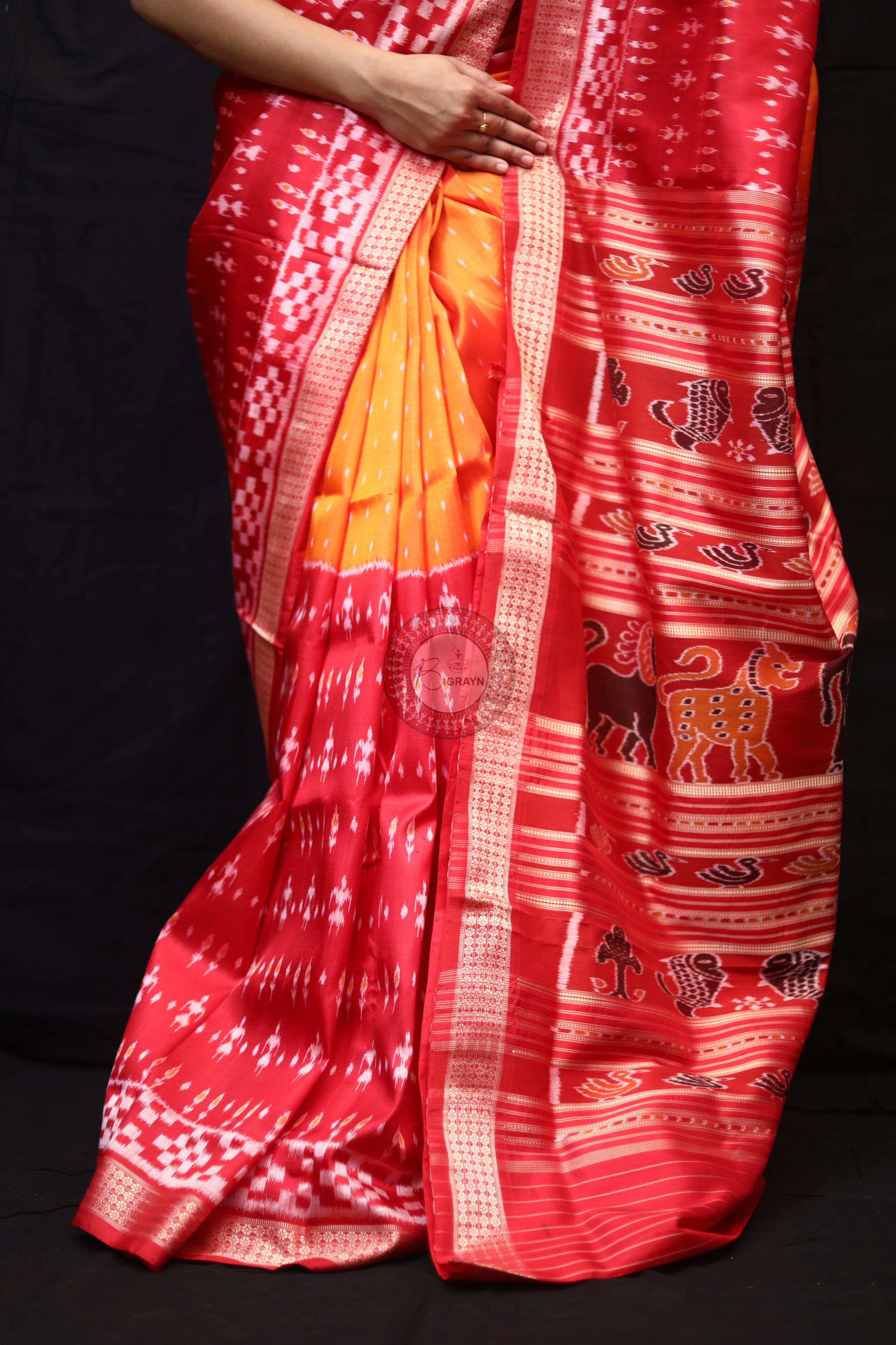 Mustard Red Tribal Half Half Mulberry Silk Saree