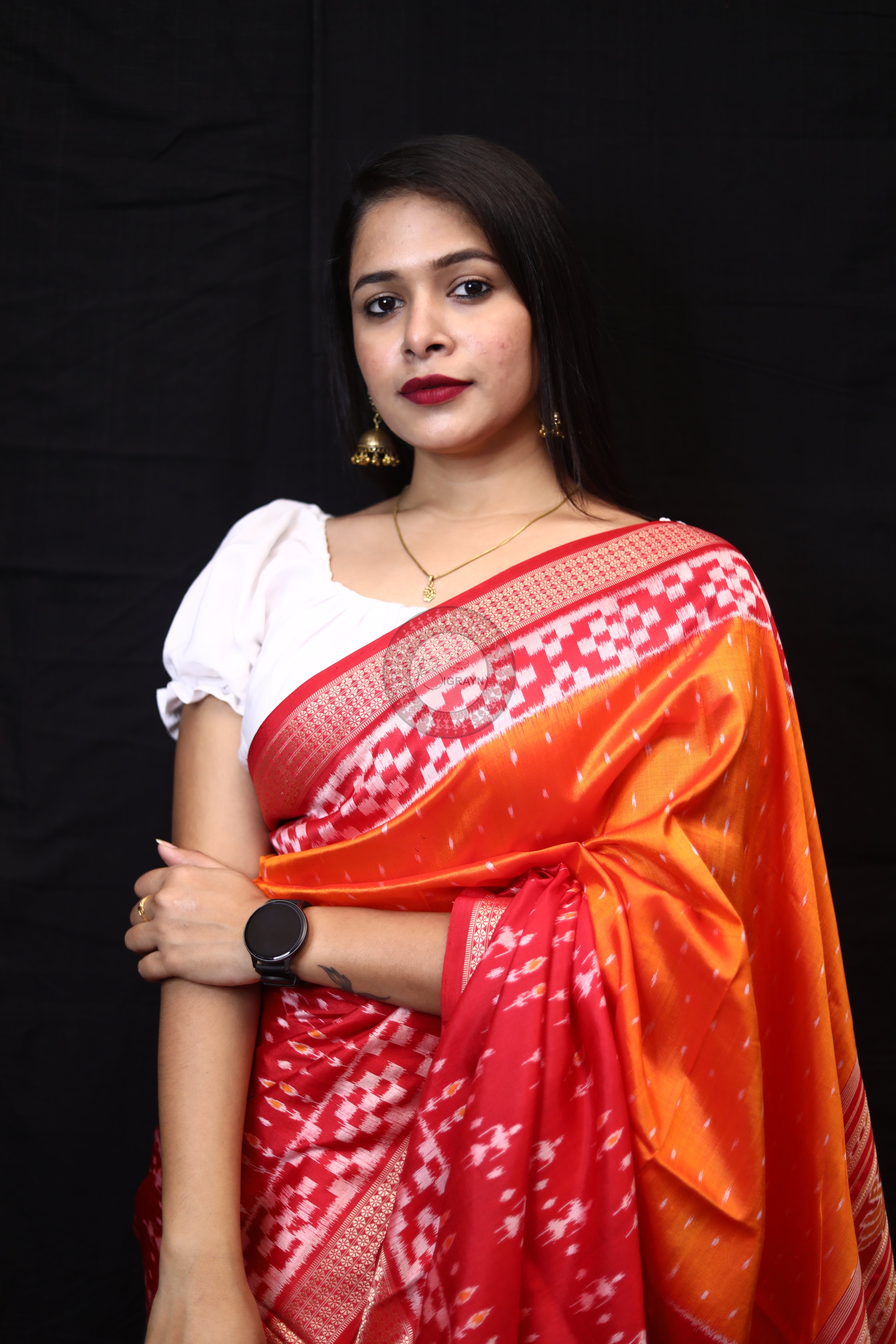Mustard Red Tribal Half Half Mulberry Silk Saree