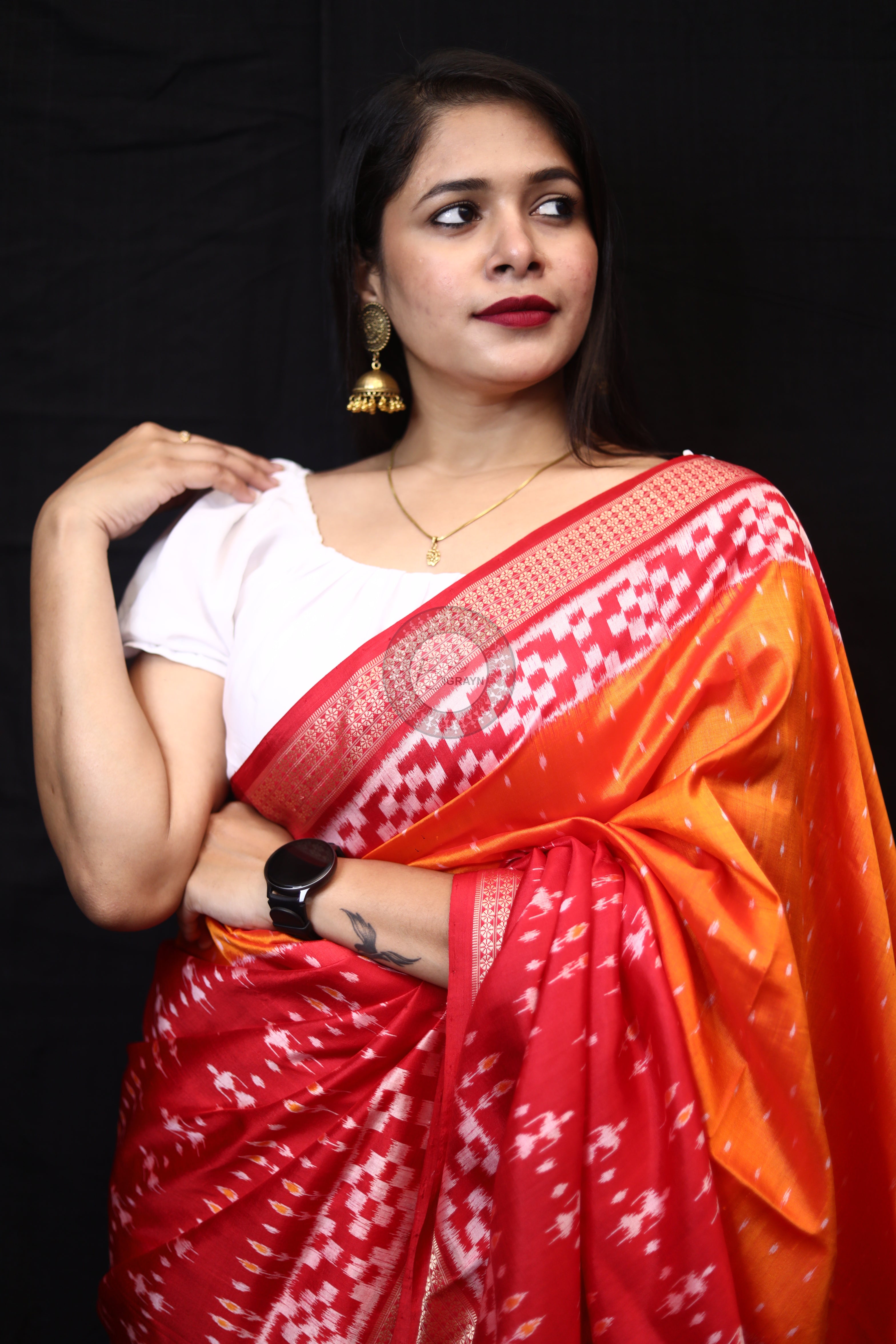 Mustard Red Tribal Half Half Mulberry Silk Saree
