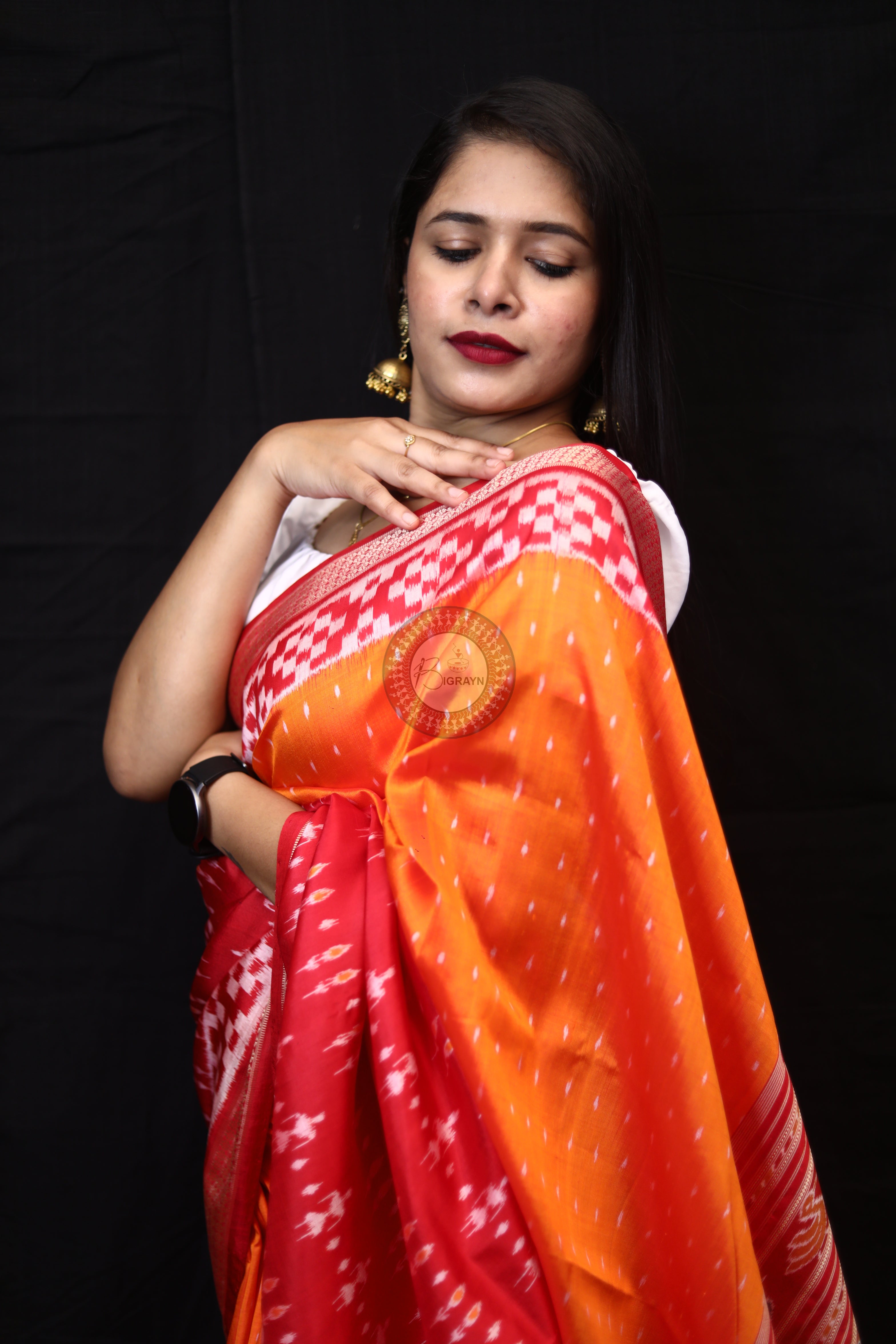 Mustard Red Tribal Half Half Mulberry Silk Saree