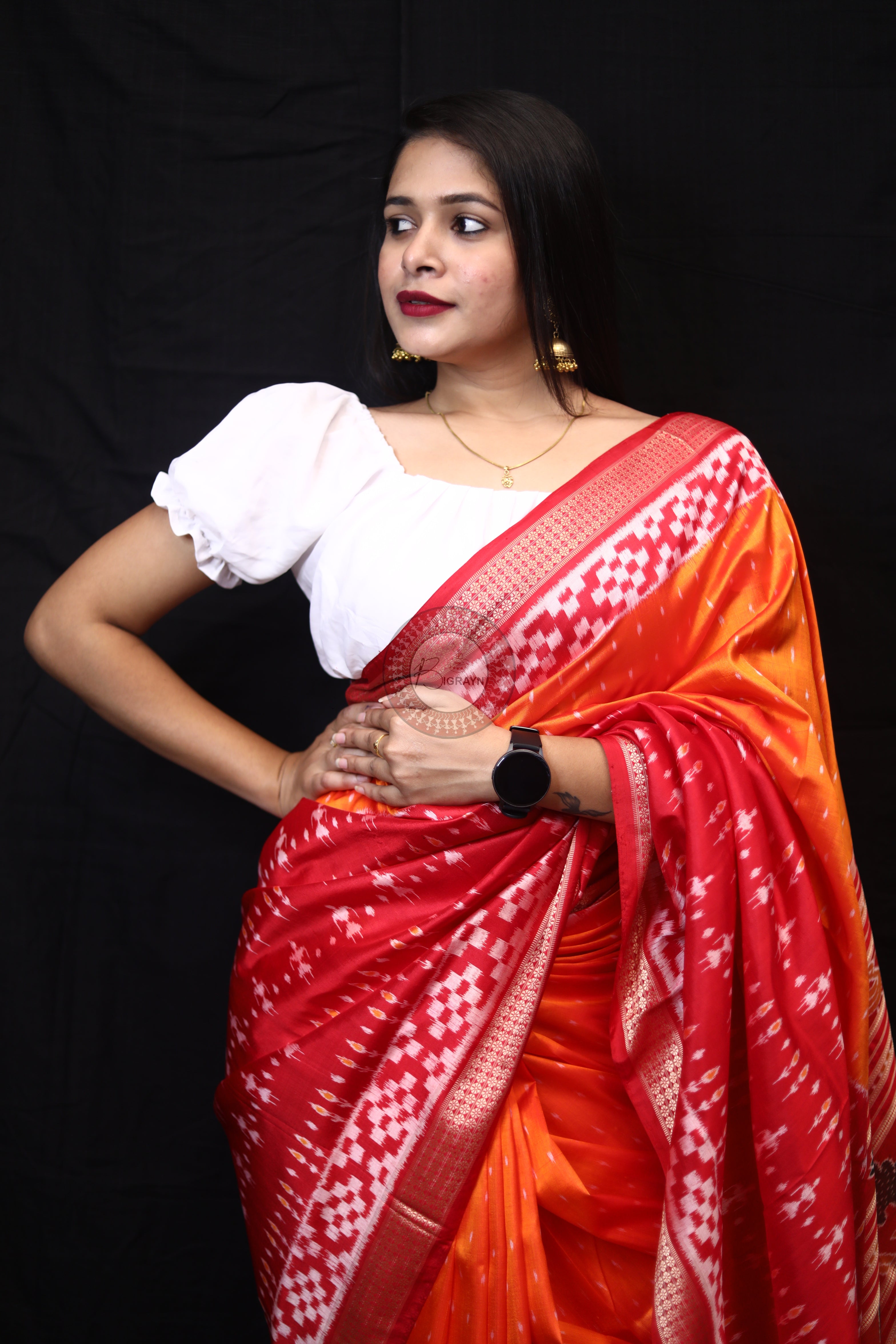 Mustard Red Tribal Half Half Mulberry Silk Saree