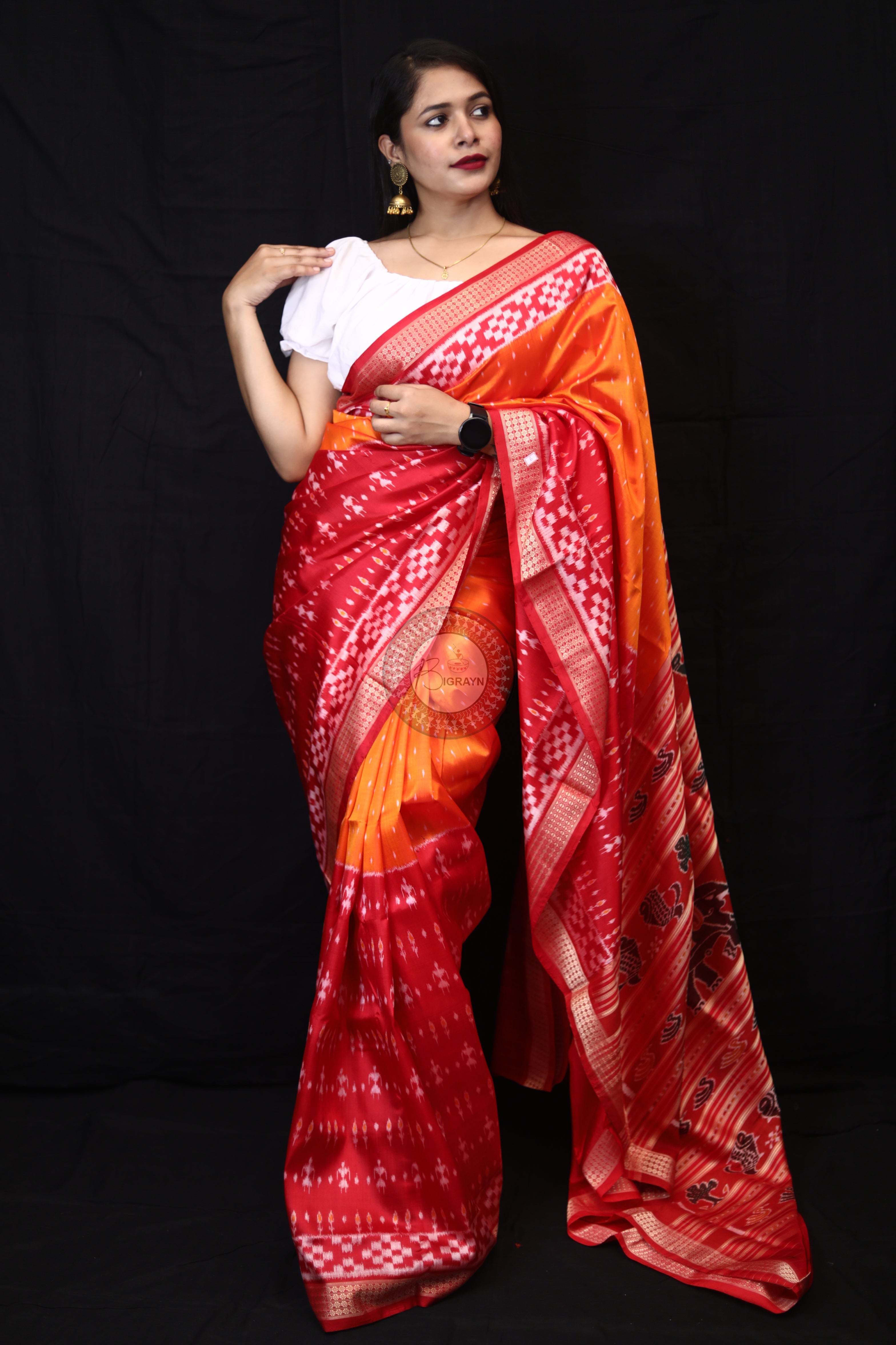 Mustard Red Tribal Half Half Mulberry Silk Saree
