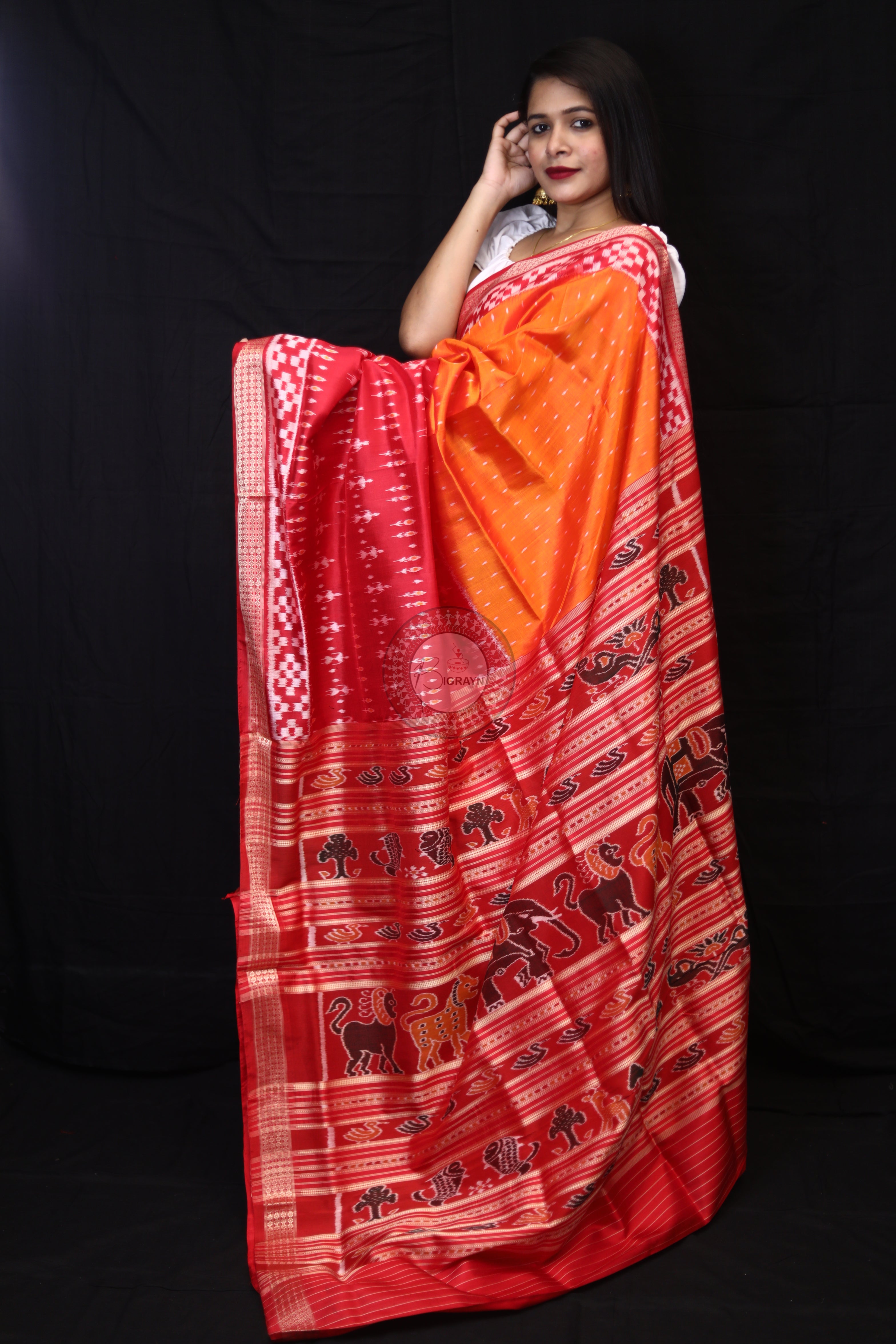 Mustard Red Tribal Half Half Mulberry Silk Saree