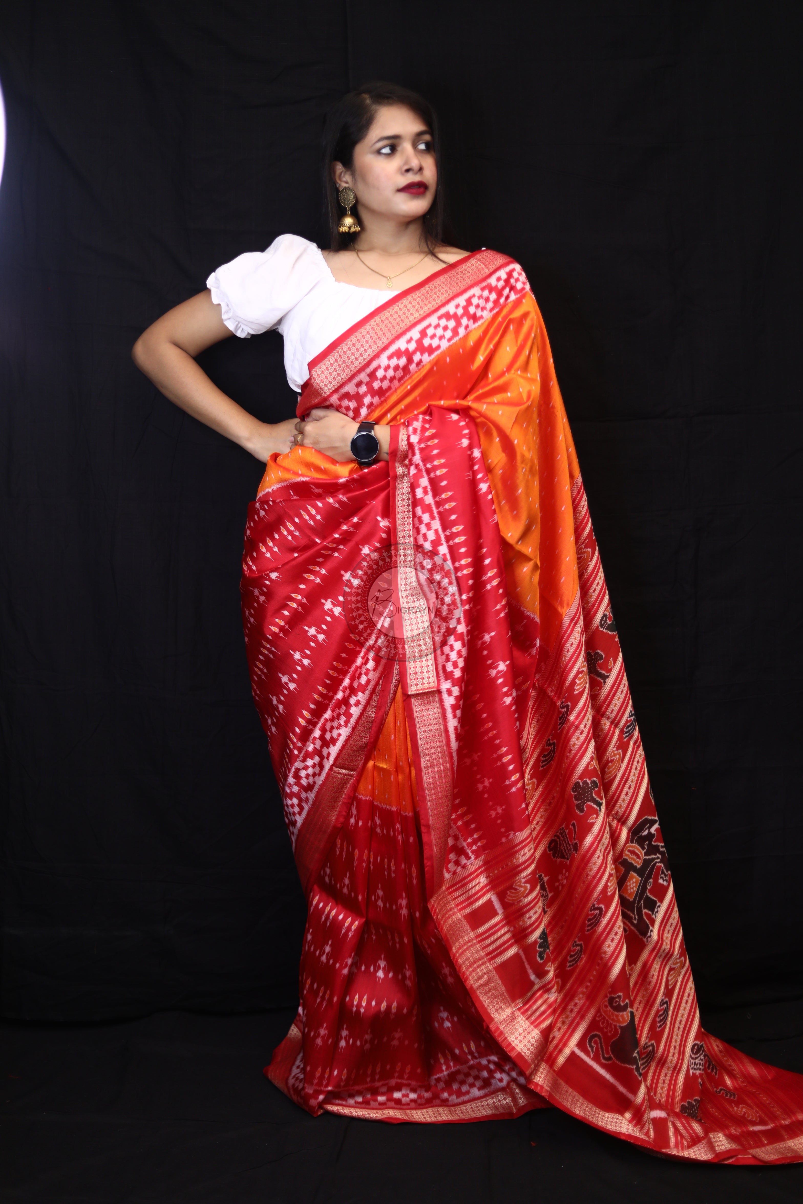 Mustard Red Tribal Half Half Mulberry Silk Saree