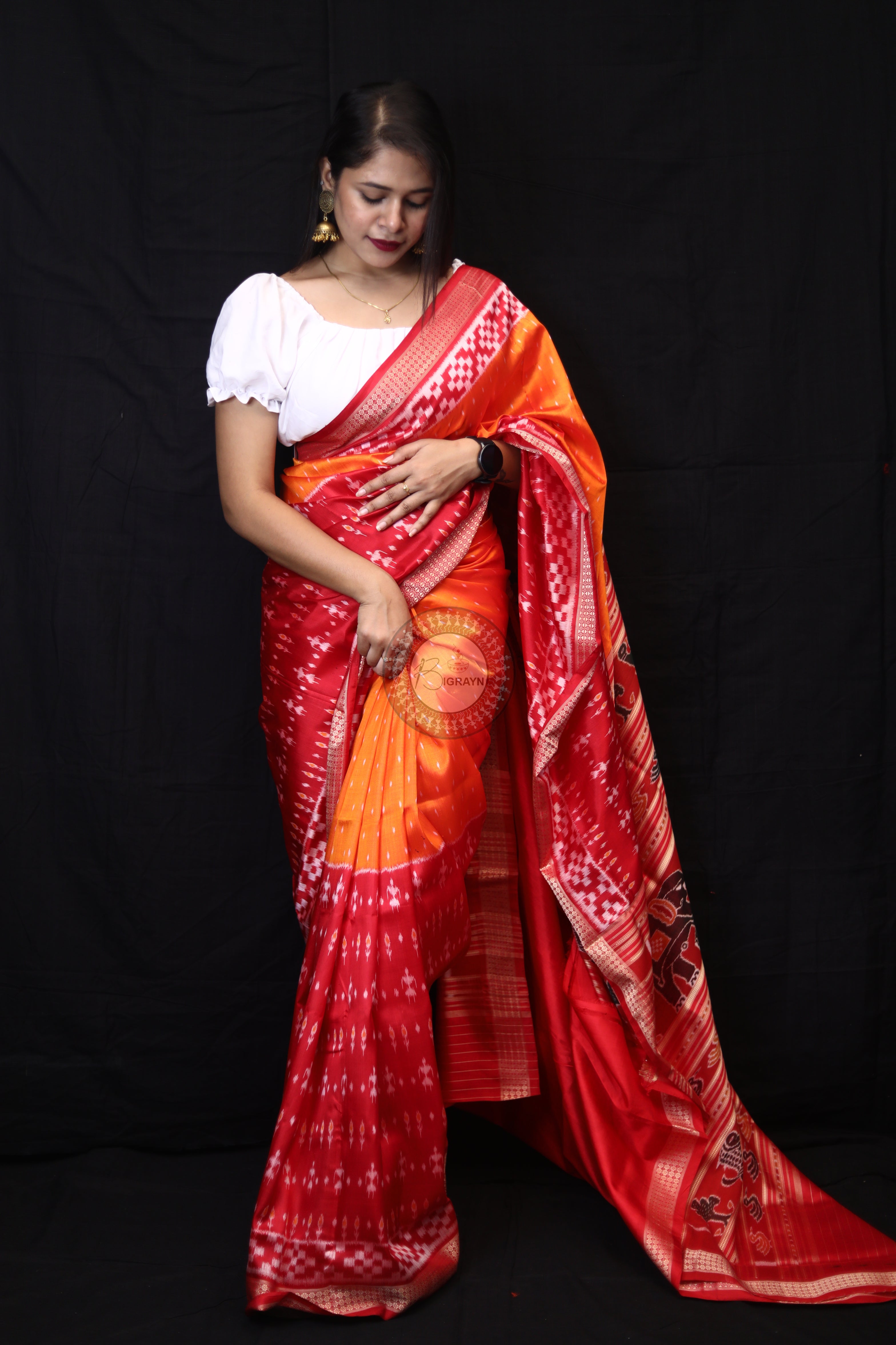 Mustard Red Tribal Half Half Mulberry Silk Saree