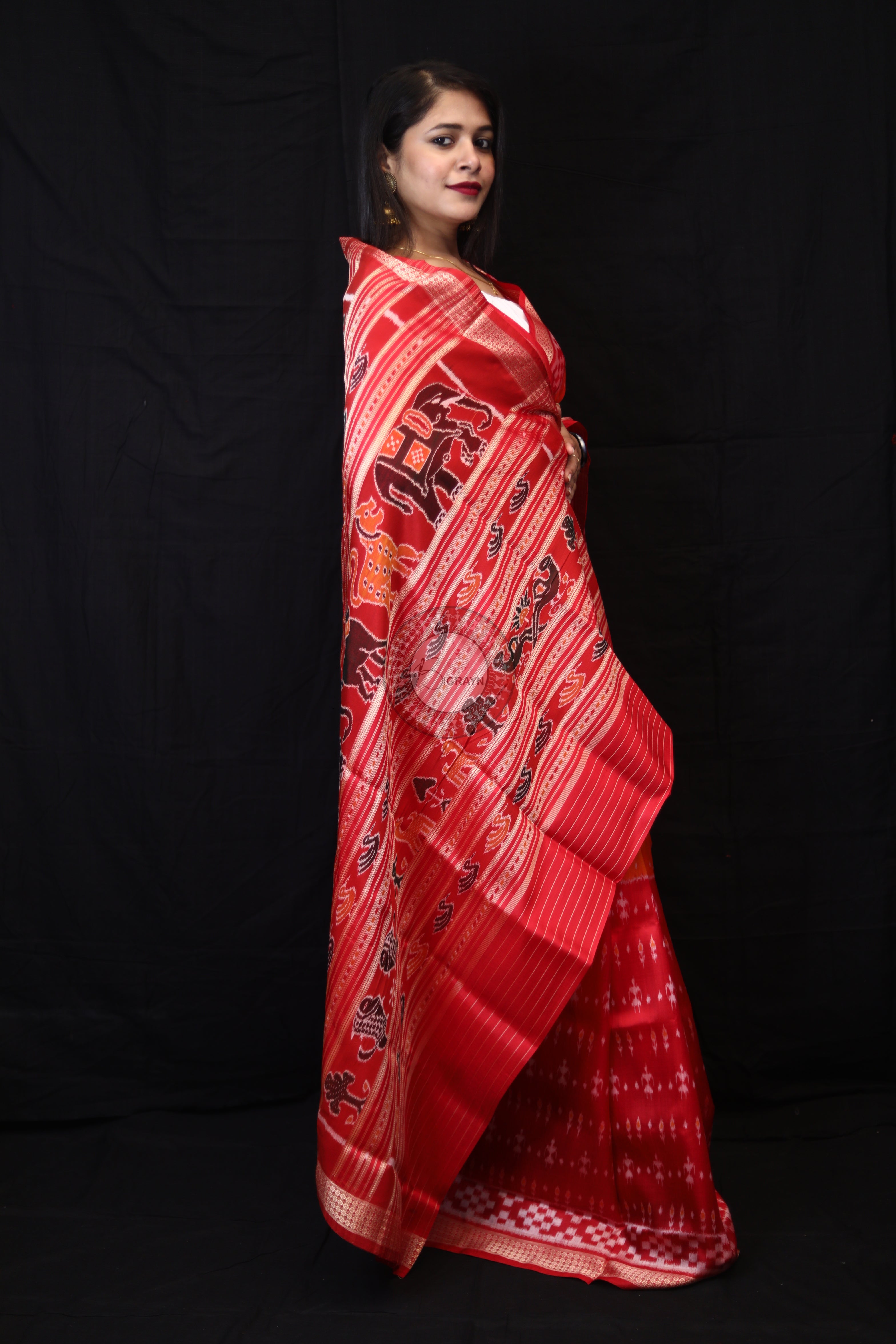 Mustard Red Tribal Half Half Mulberry Silk Saree