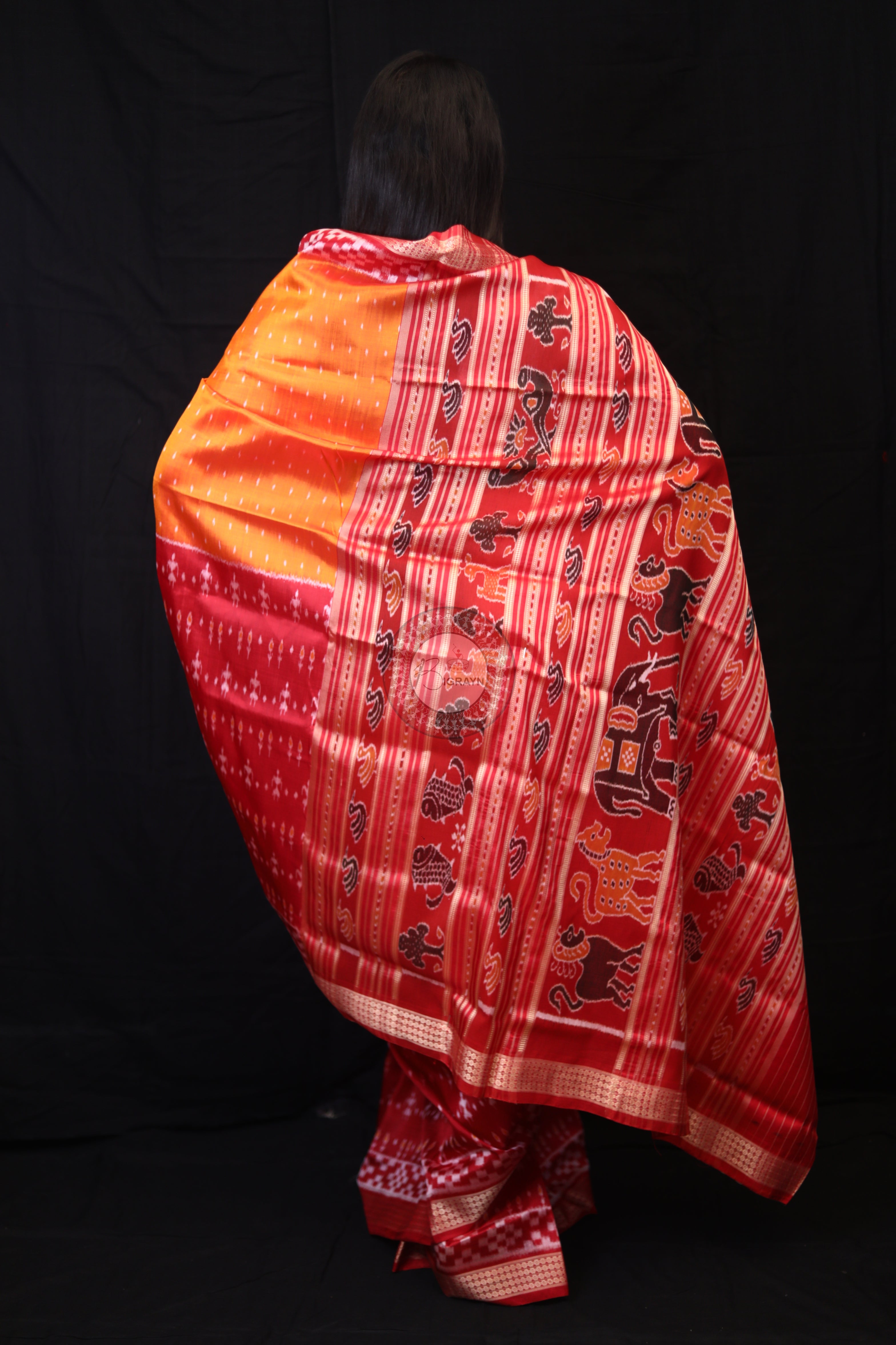 Mustard Red Tribal Half Half Mulberry Silk Saree